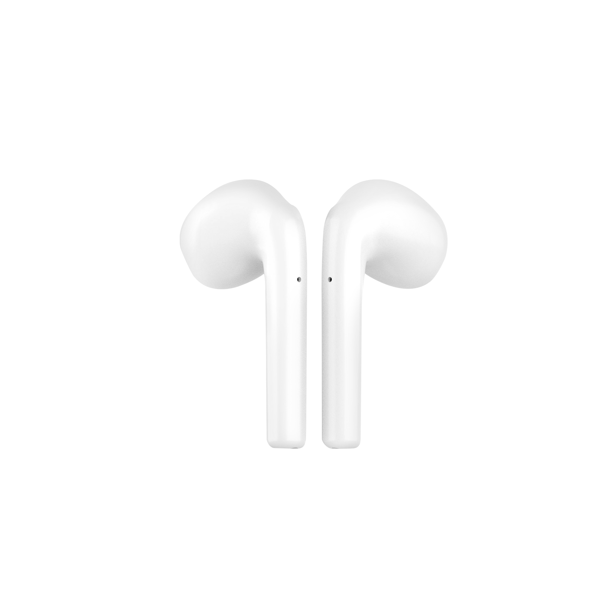 Dos auriculares inalámbricos blancos, colocados uno junto al otro, sobre un fondo blanco.