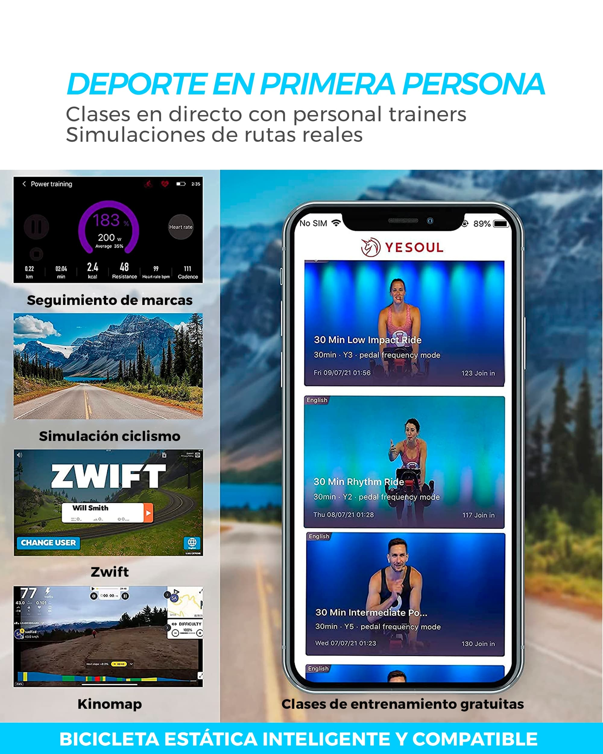 Smartphone con app per ciclismo che mostra lezioni dal vivo e simulazioni.