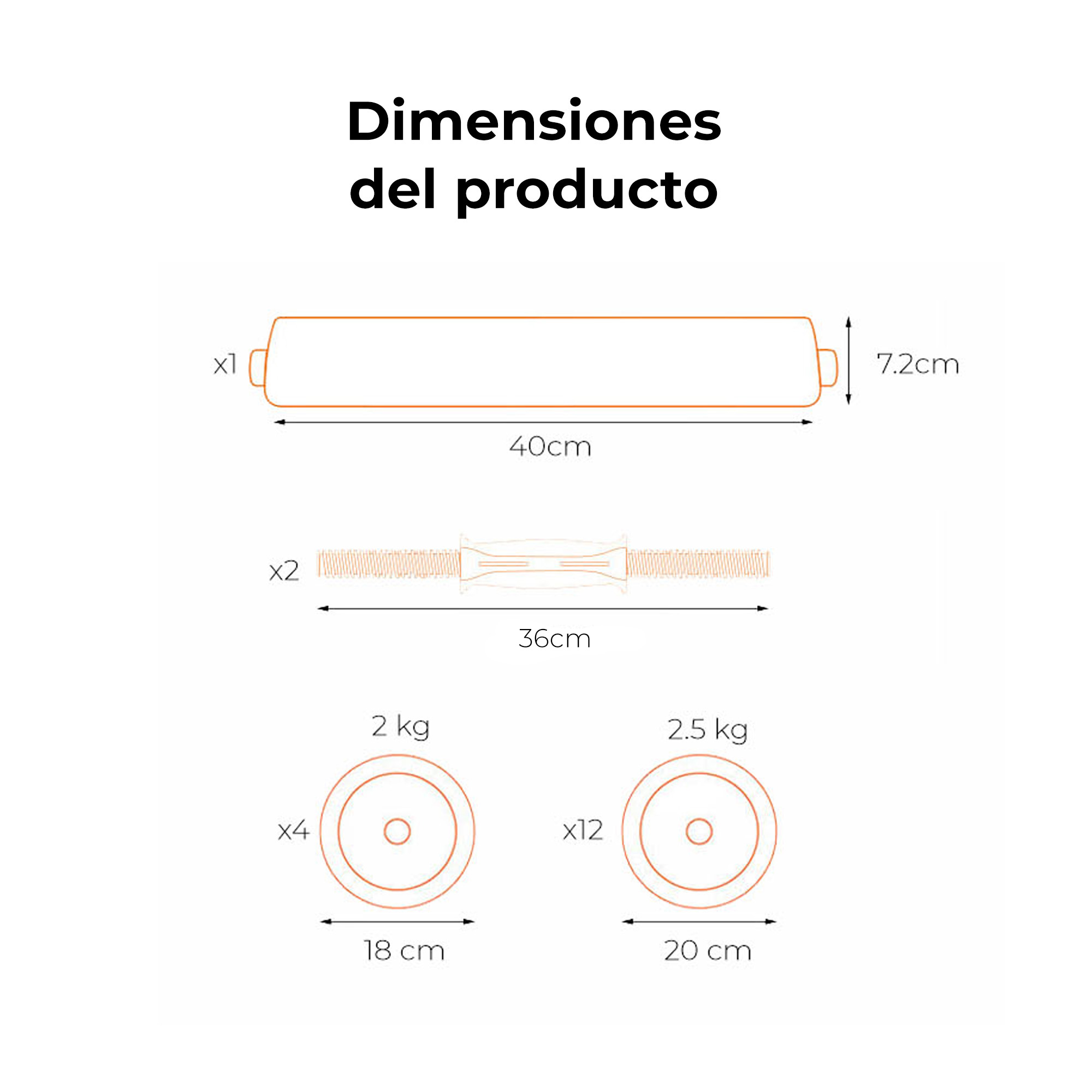 Diagrama de dimensiones del producto: barra, barra con resortes y dos pesas circulares.