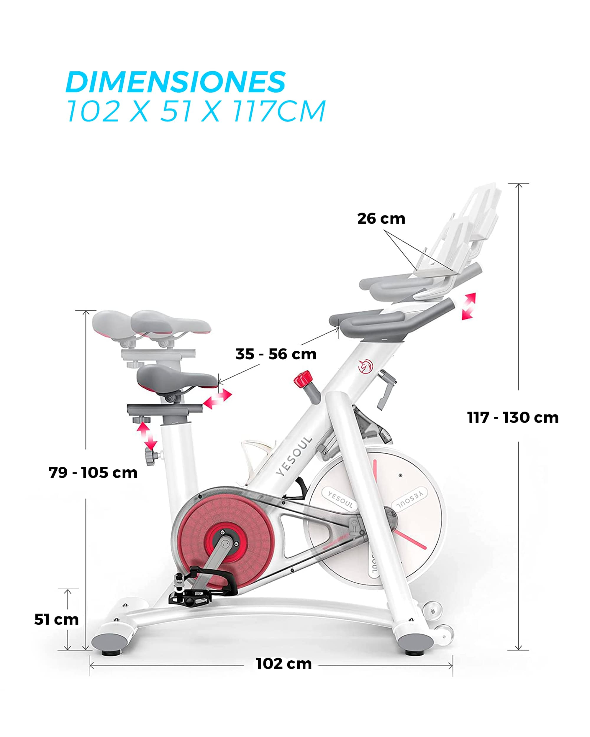 Bicicletta stazionaria con dimensioni etichettate, vista laterale, sfondo bianco.