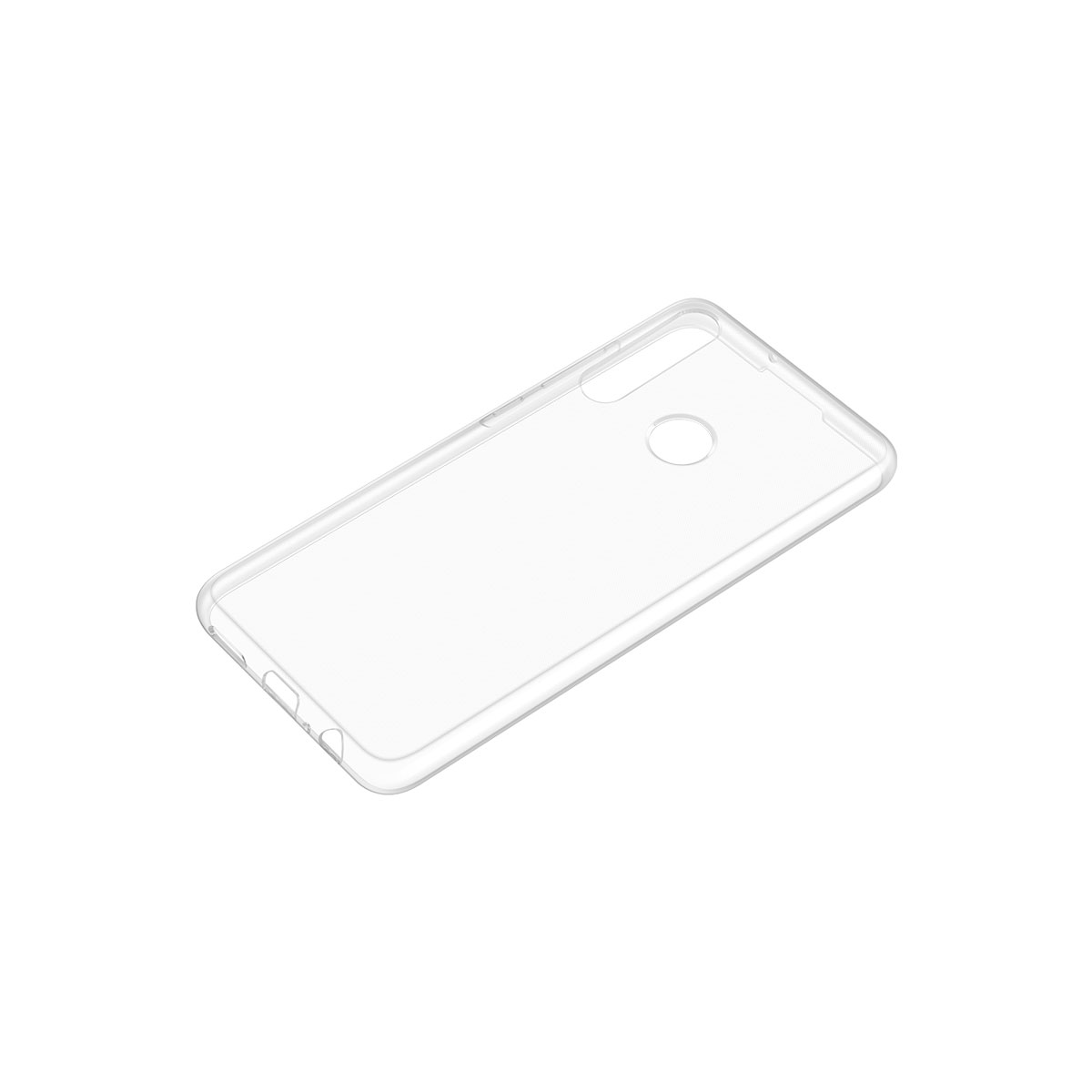 Custodia trasparente per telefono su sfondo bianco. Design semplice, protettiva, trasparente, linee pulite.