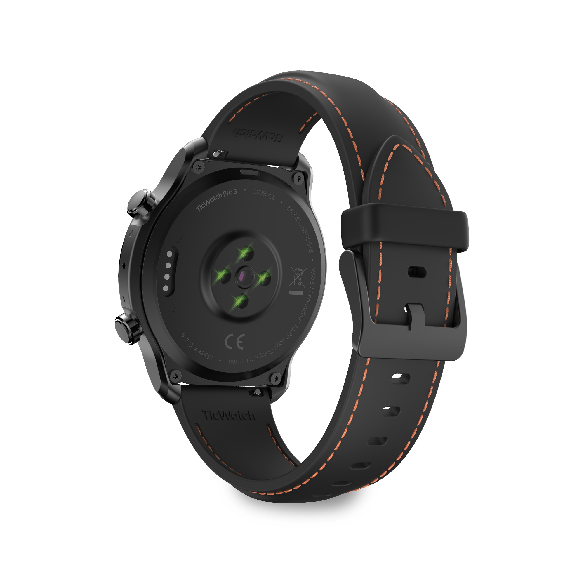 Smartwatch negra con correa negra, costuras naranjas y vista de la parte trasera.