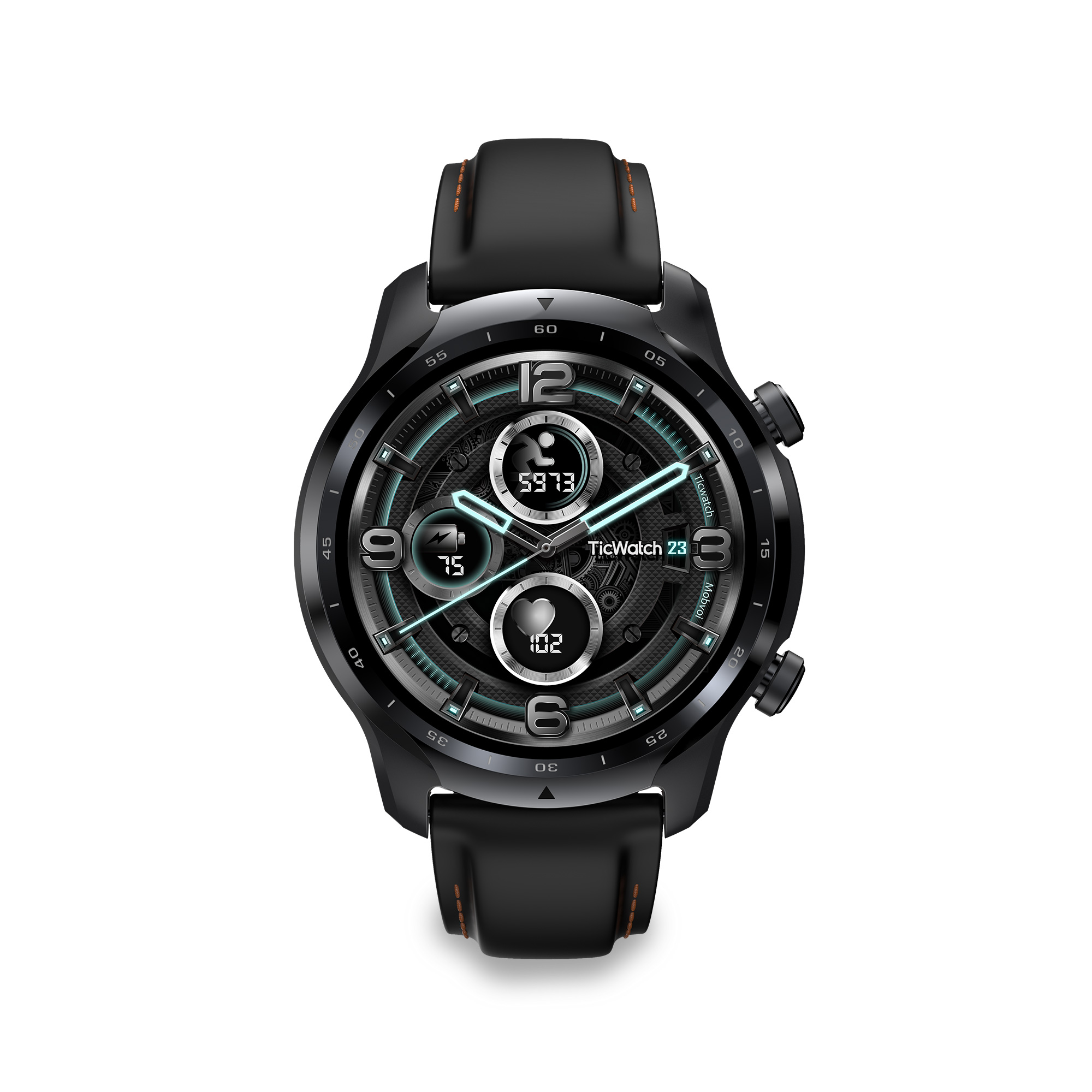Un smartwatch TicWatch negro con pantalla redonda.
