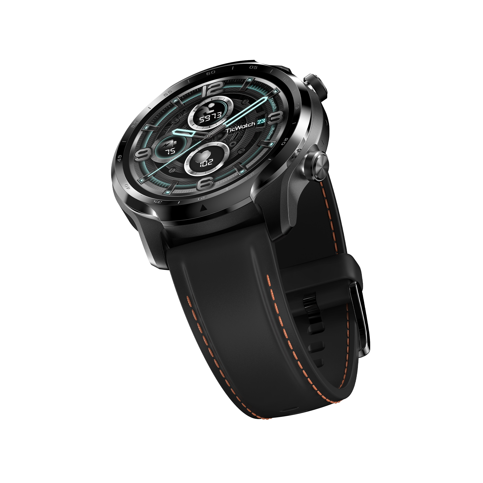 Reloj inteligente TicWatch negro con correa negra y costuras naranjas, sobre fondo blanco.