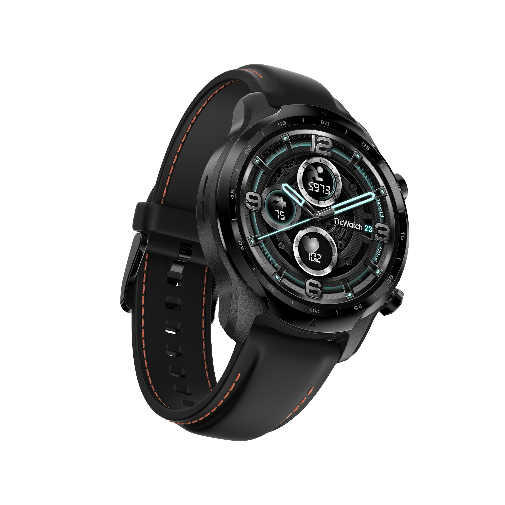 Reloj inteligente negro con correa negra. La esfera muestra la hora y otras métricas.
