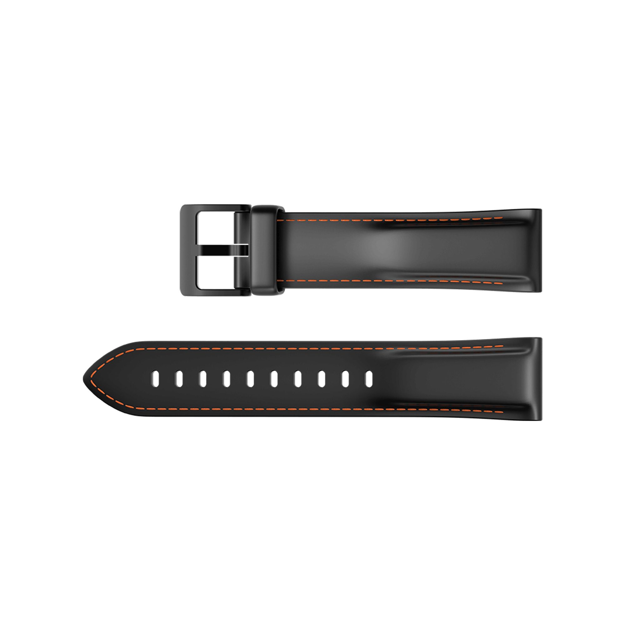 Correa de reloj de cuero negro con costuras naranjas. Hebilla y correa separadas.