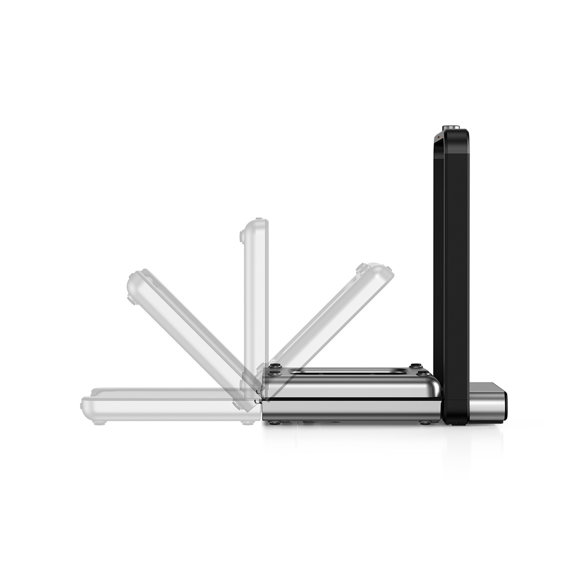 Czarna waga z wyświetlaczem, pokazana z różnych kątów, białe tło.