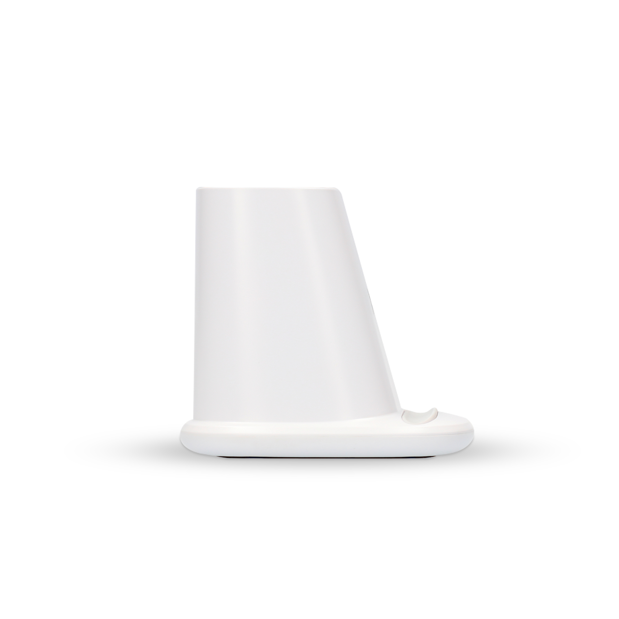 Soporte para teléfono blanco, diseño elegante, aislado sobre fondo blanco. Vista lateral.