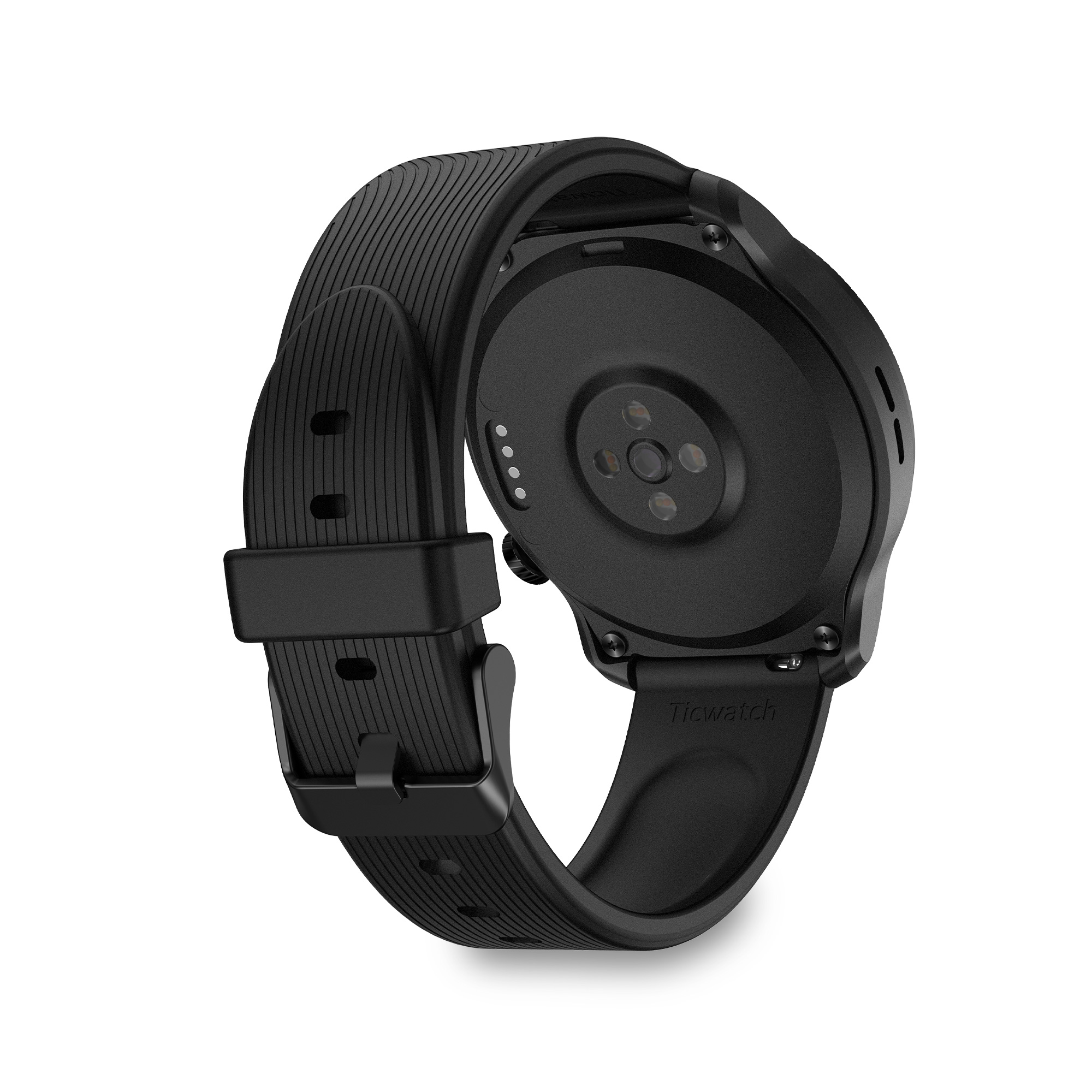 Uno smartwatch nero con il lato inferiore visibile, che mostra i sensori e i contatti di ricarica.