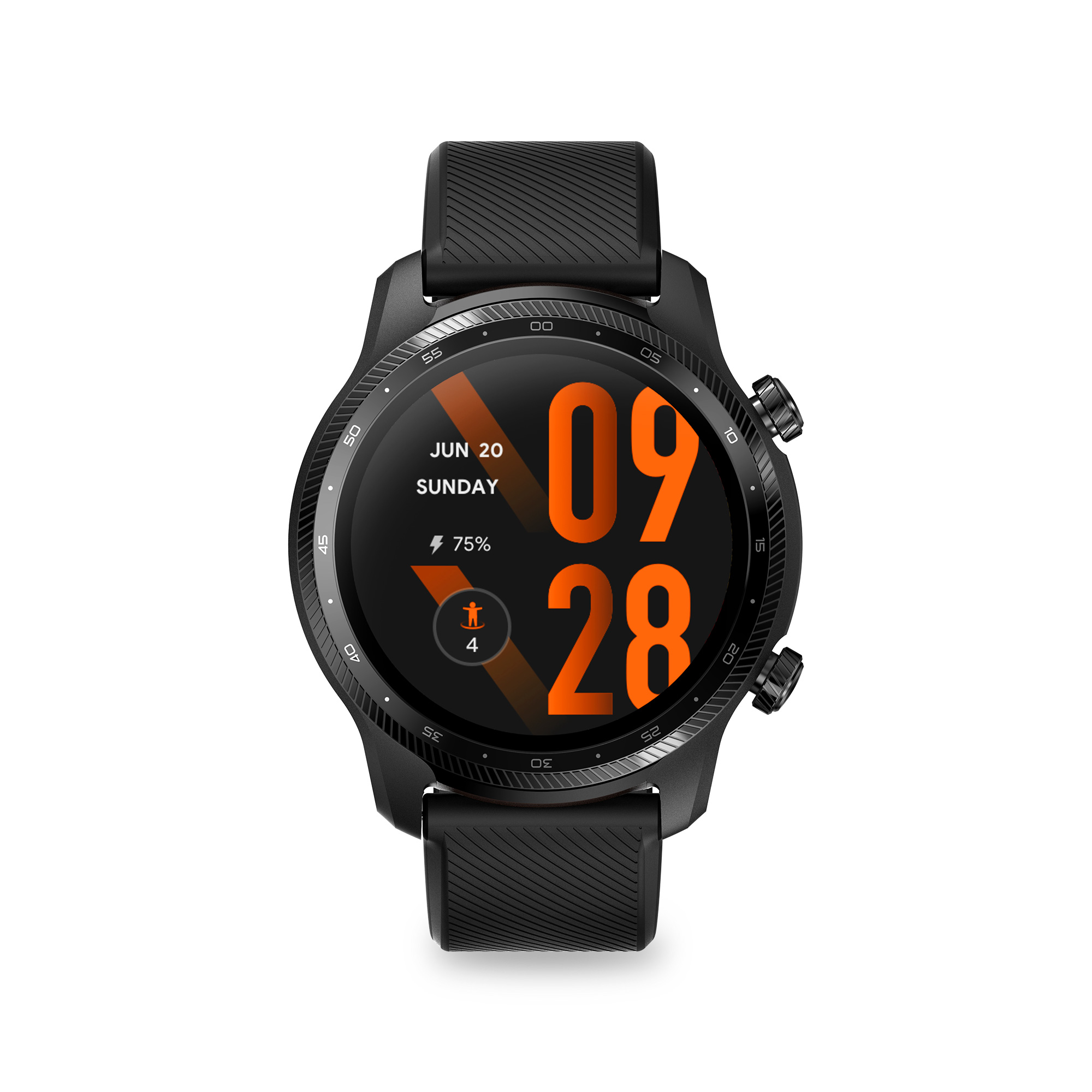 Smartwatch nero con display arancione. Mostra data, ora e percentuale batteria.