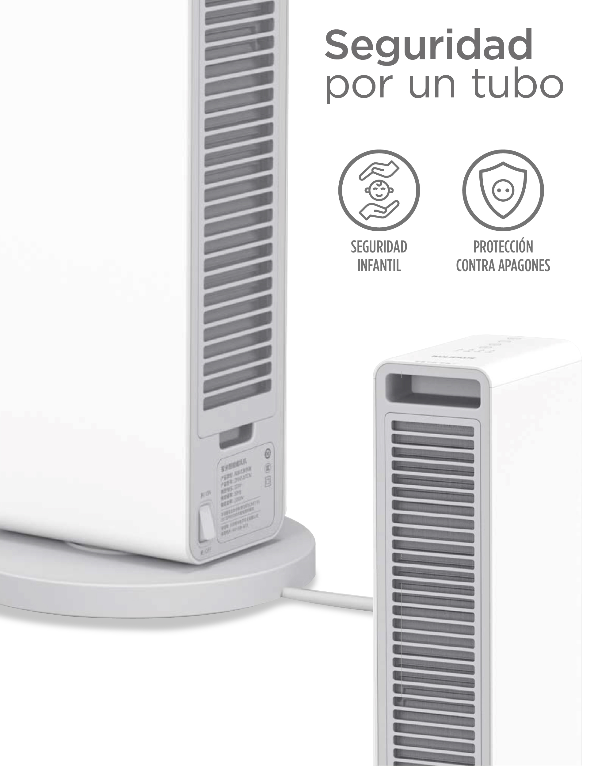 Weißer Ventilator mit zwei Sicherheitssymbolen, eines für Kinder, eines für Stromausfallschutz.