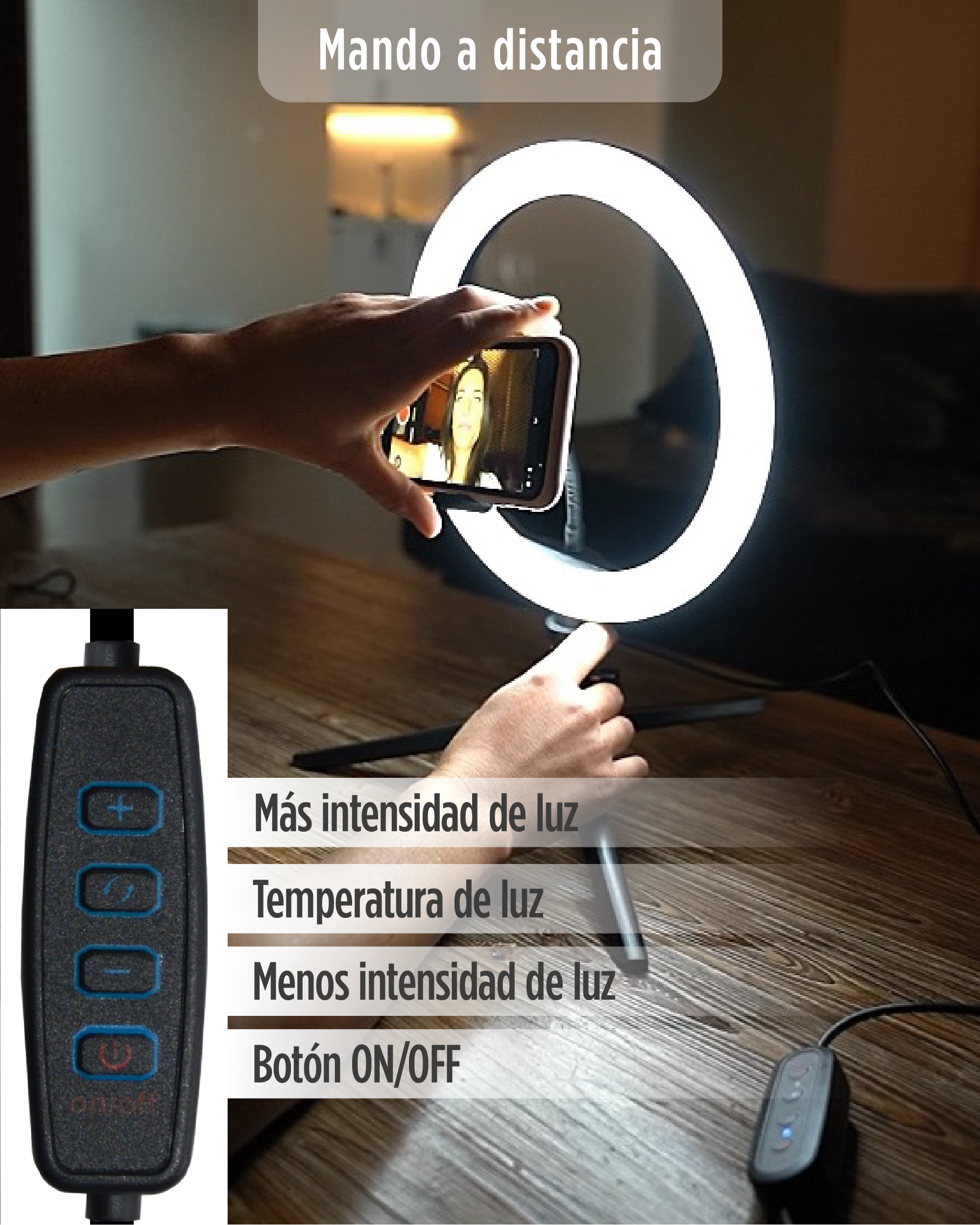 Mujer usando una luz de anillo con un teléfono, y un mando a distancia con botones para brillo y más.