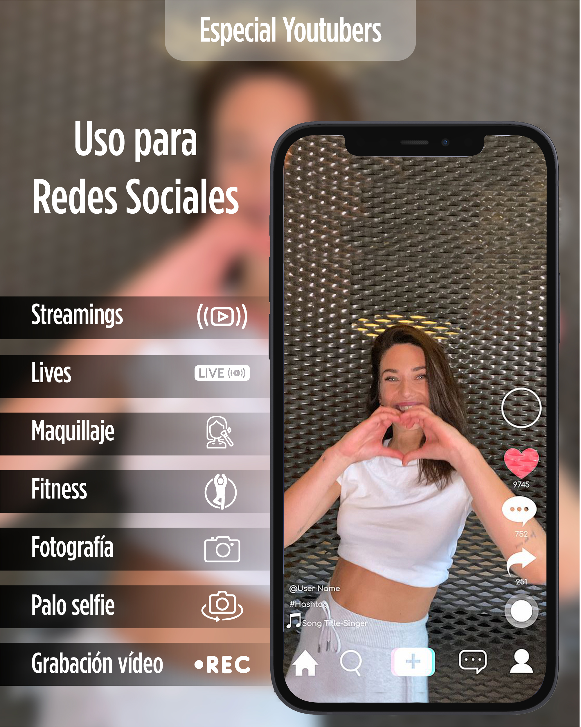Pantalla de smartphone mostrando funciones de redes sociales: streaming, lives, maquillaje, foto.