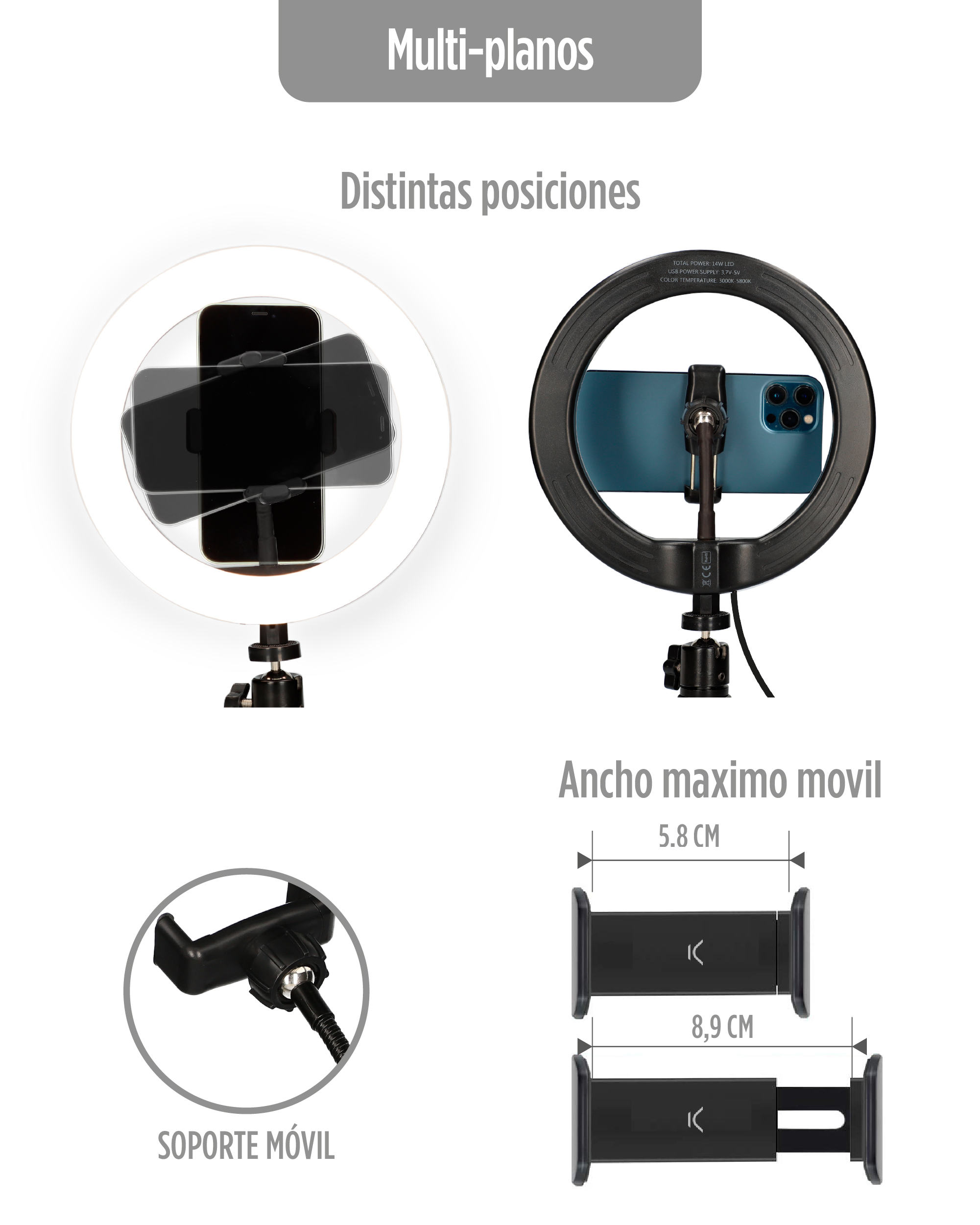 Una luz de anillo con un soporte para teléfono móvil.