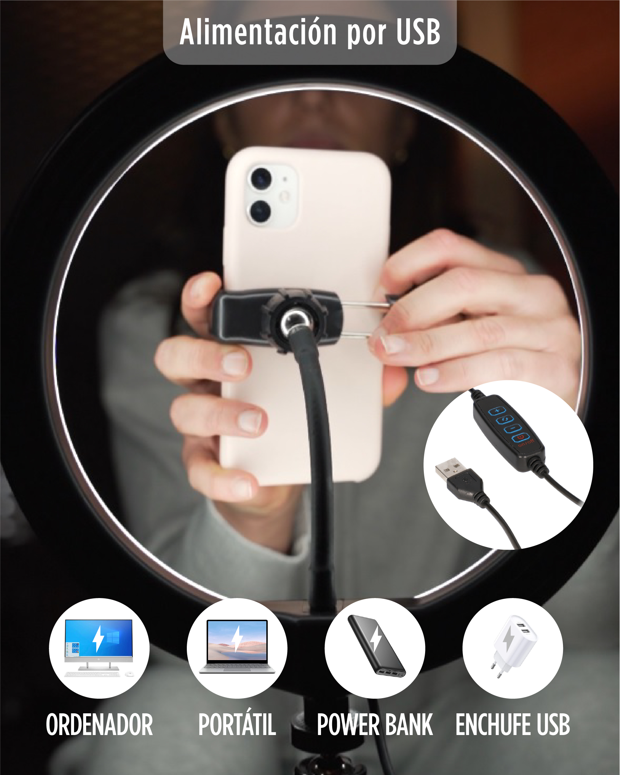 Una luz de anillo con un teléfono adjunto, conectado a una laptop, banco de energía y cargador USB.