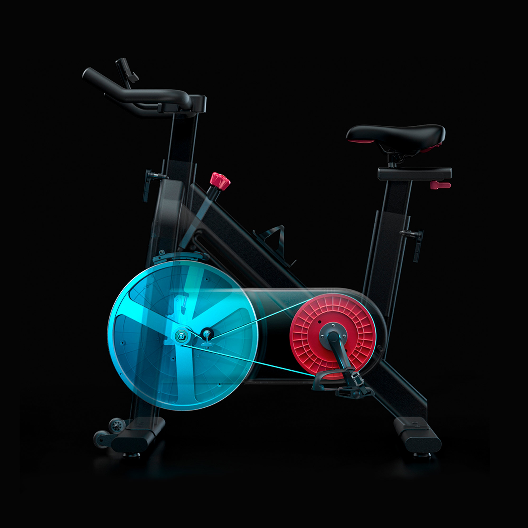 Una cyclette con volano blu trasparente e pedali rossi.