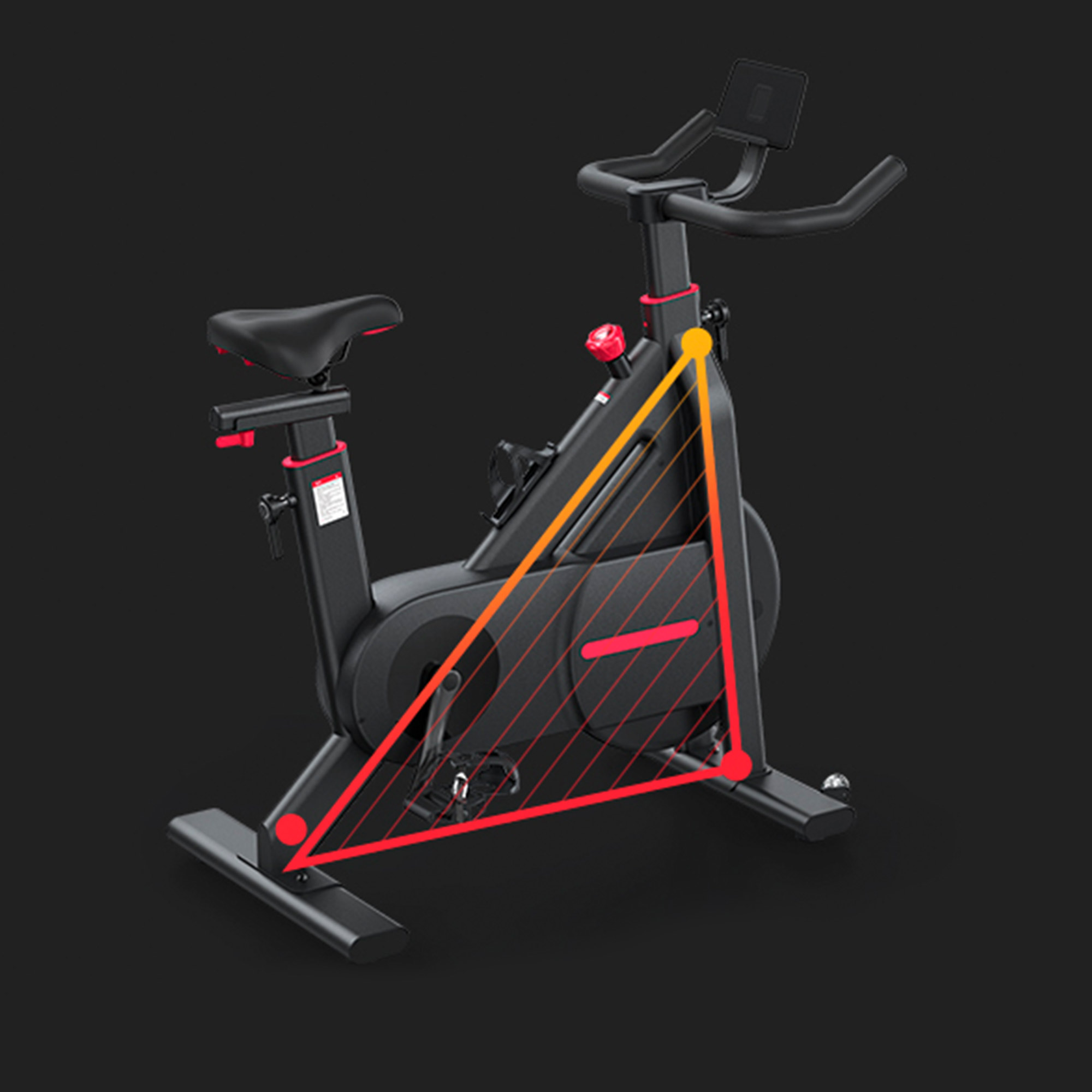 Una cyclette nera con un triangolo rosso e arancione evidenziato.