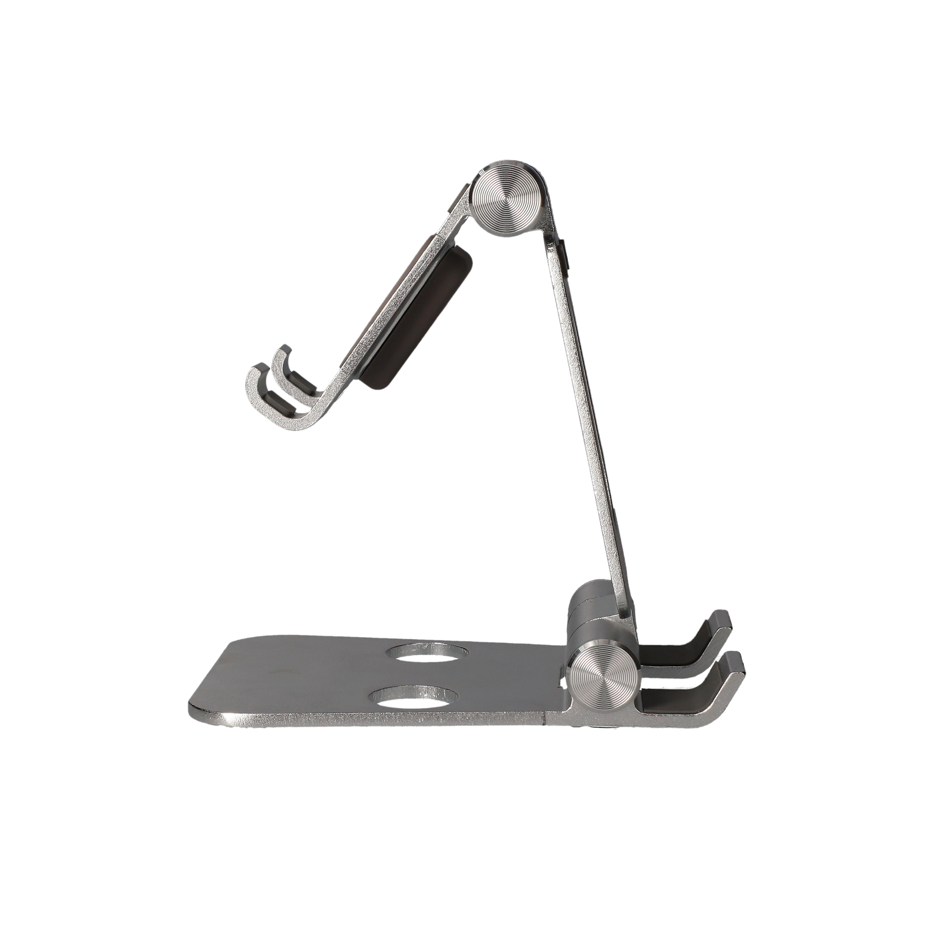 Soporte plateado para teléfono. Diseño plegable con dos brazos para sujetar un teléfono o tableta.