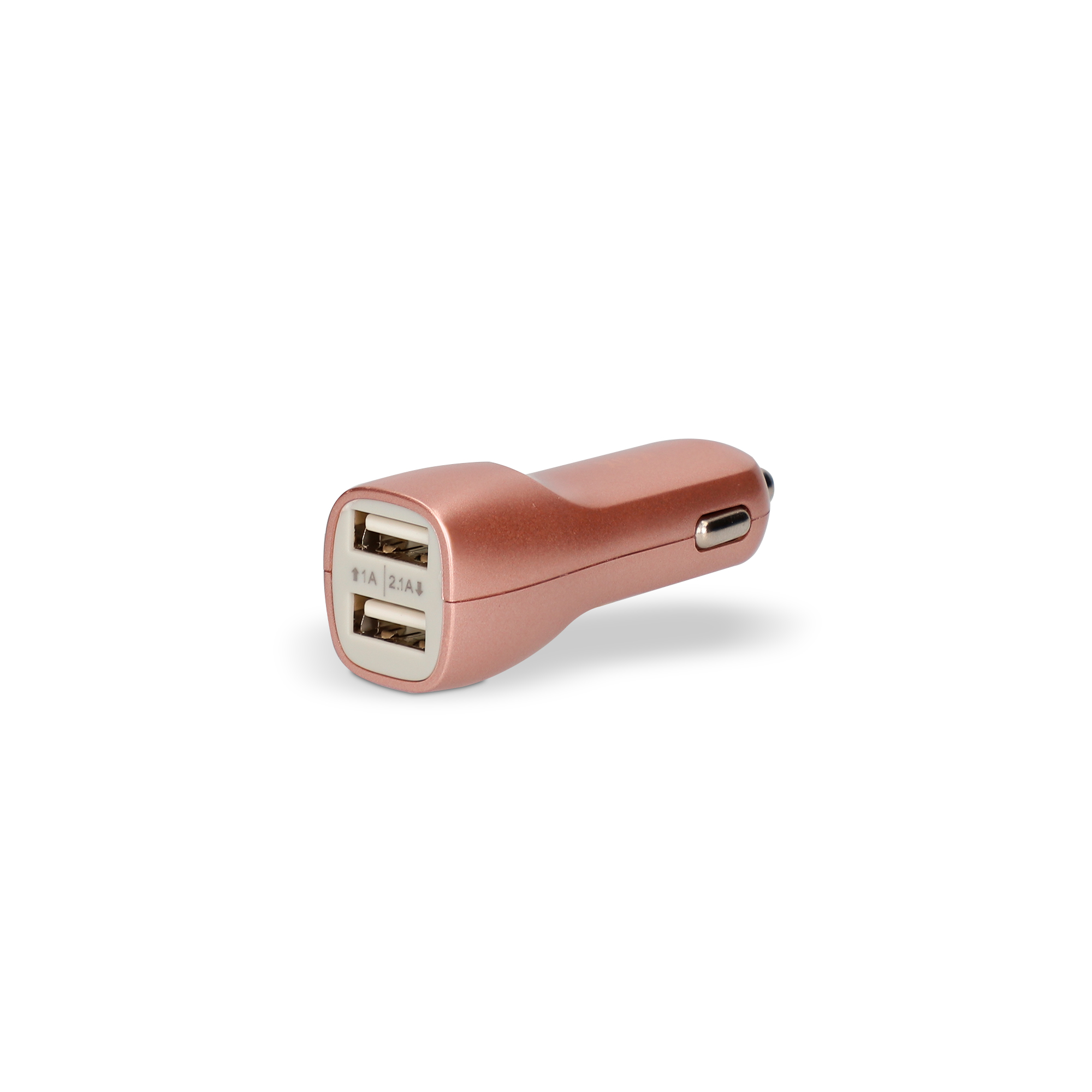 Cargador de coche oro rosa con dos puertos USB, sobre fondo blanco.