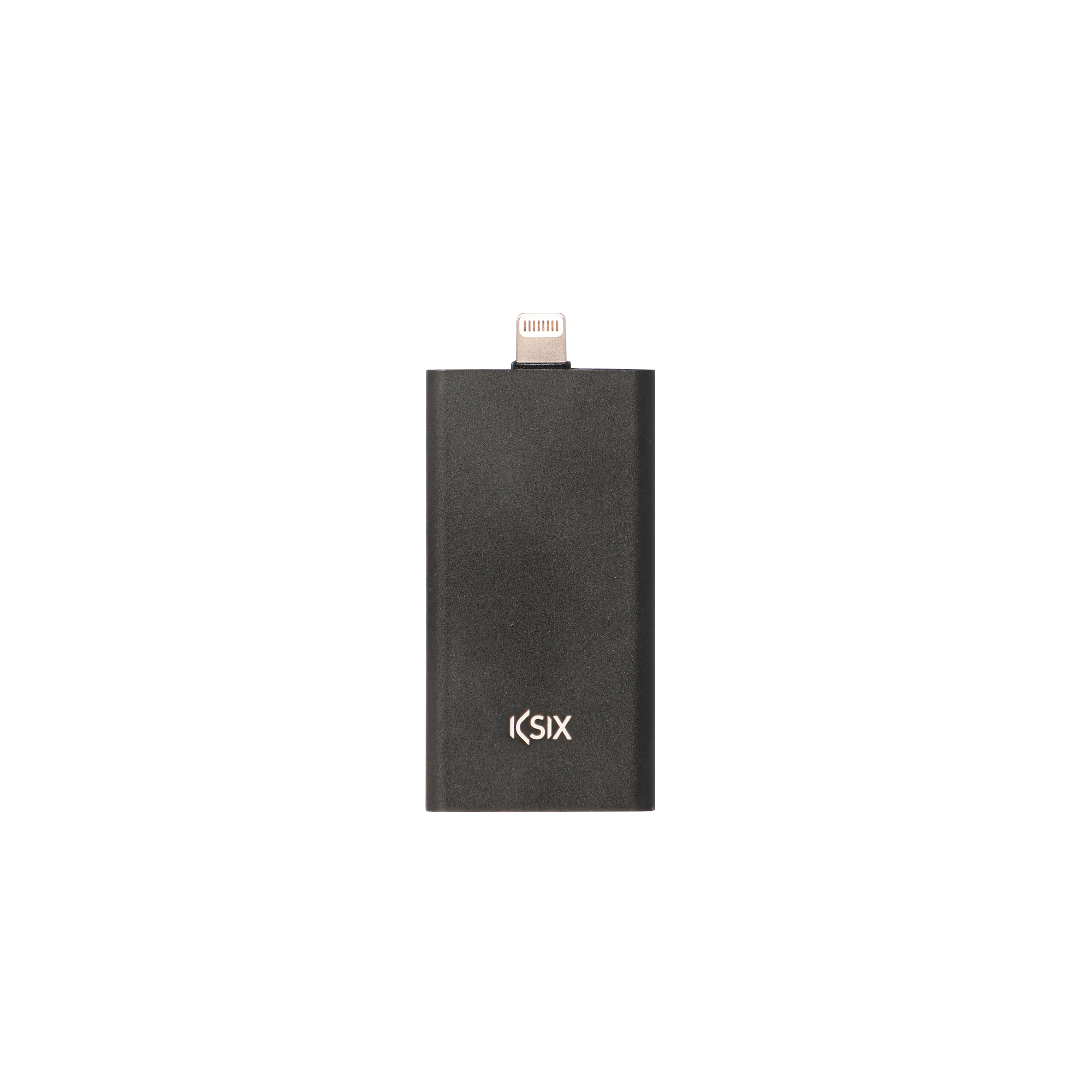 Un adaptador negro con un conector Lightning en un extremo. Es un dispositivo pequeño y rectangular.