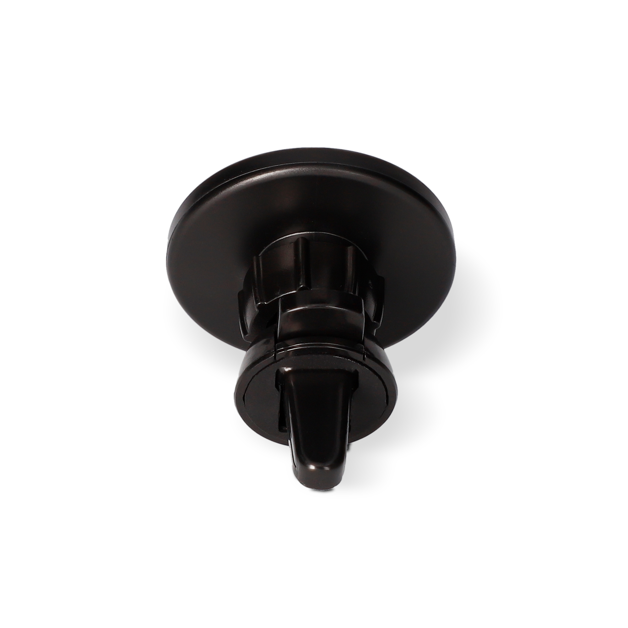 Un soporte para teléfono de coche negro con base circular y clip ajustable.