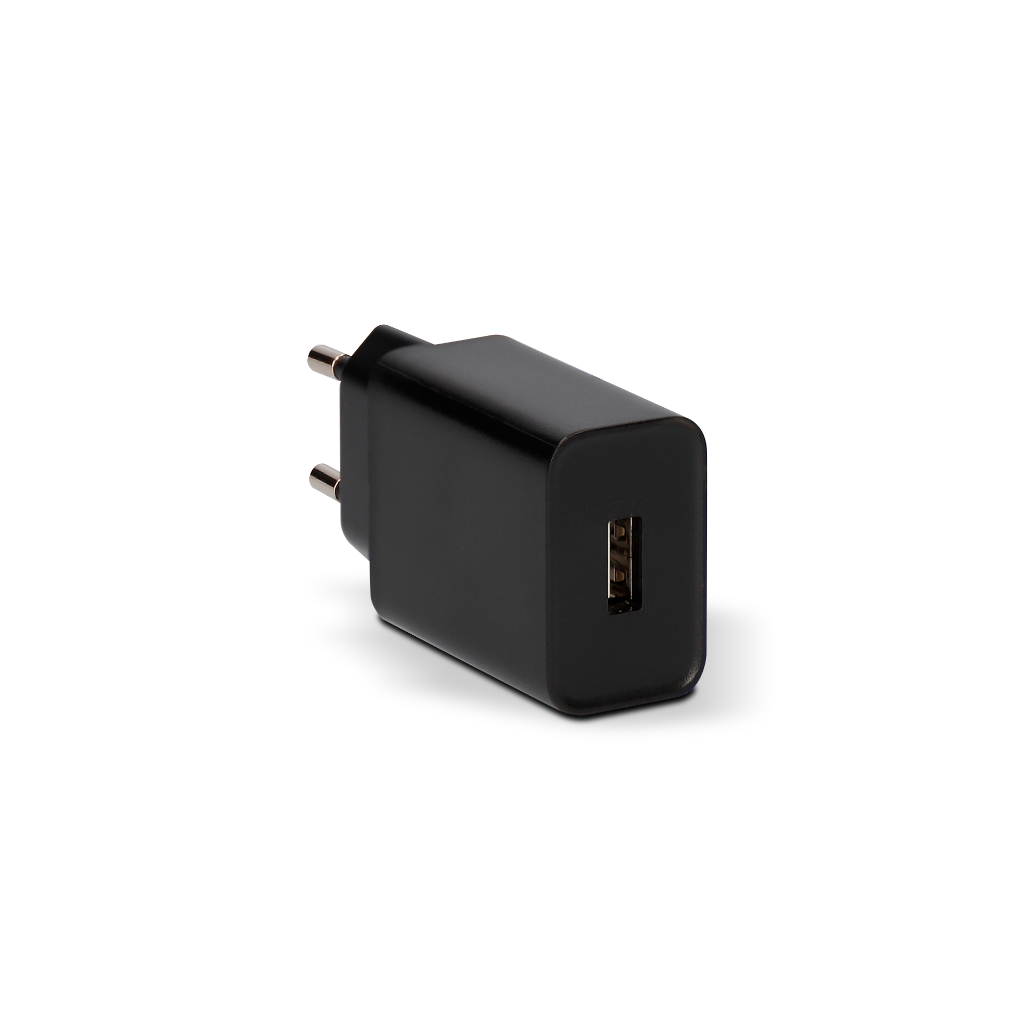 Cargador de pared negro con puerto USB y enchufe de dos clavijas sobre fondo blanco.