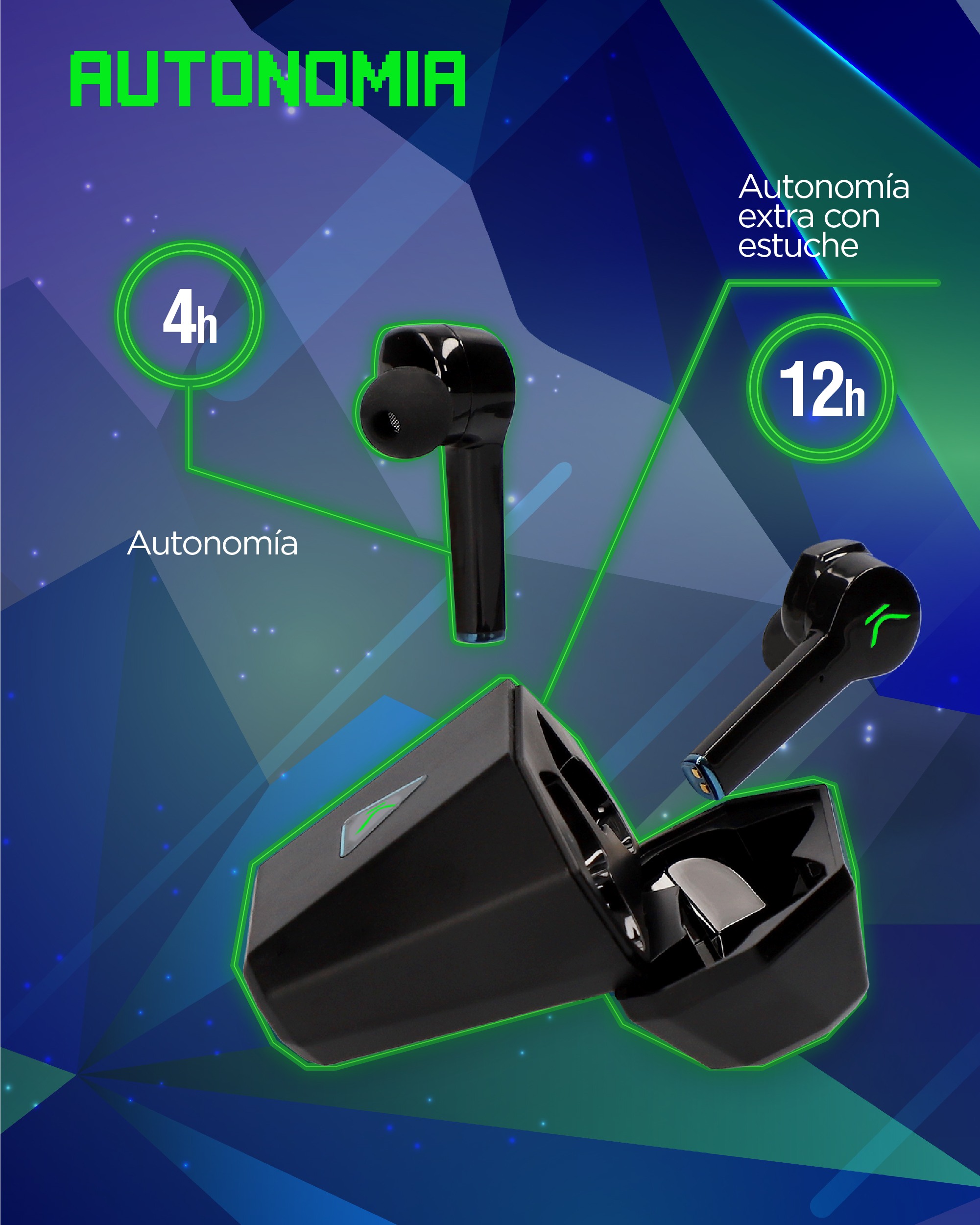 Auricolari wireless neri e custodia di ricarica. Mostra la durata della batteria. Accenti verdi e blu.