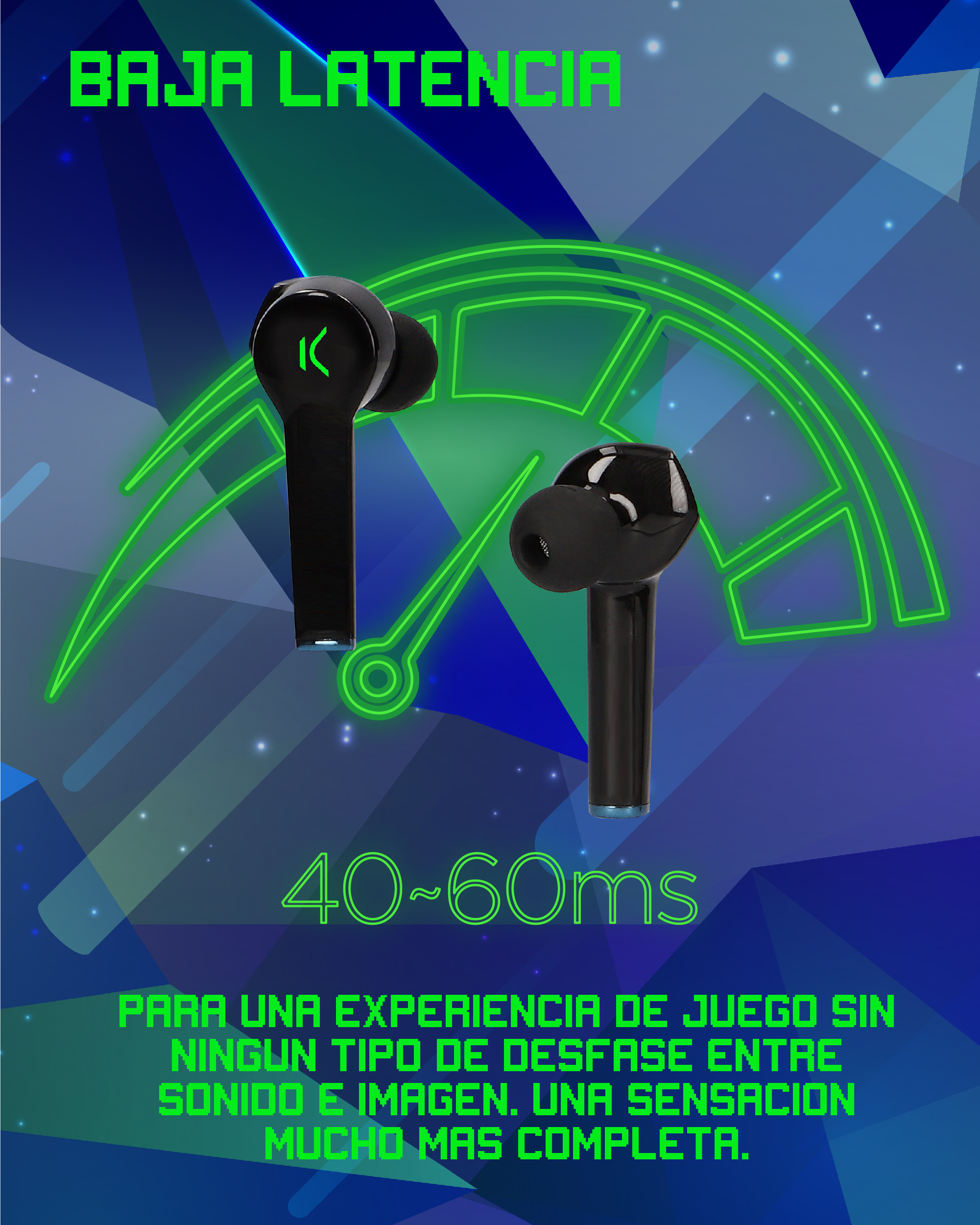 Auricolari wireless neri con grafica verde che indica bassa latenza.