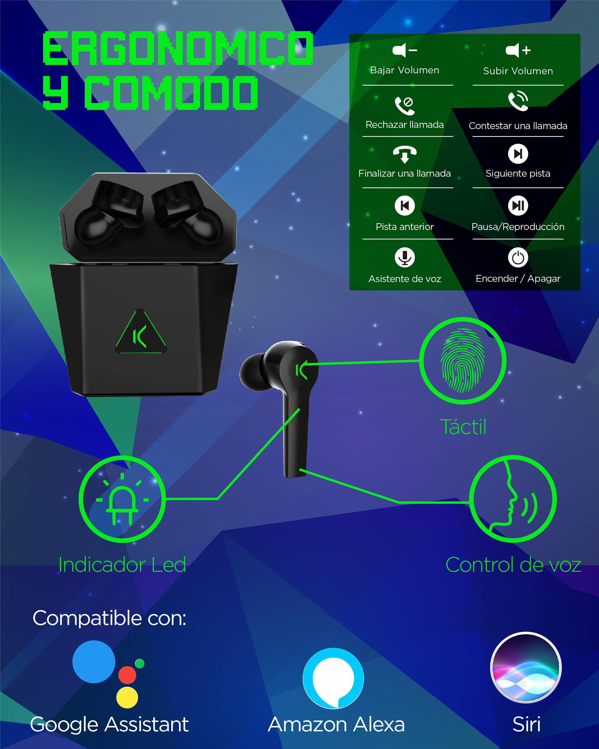 Auricolari wireless neri in custodia, con controllo touch e assistente vocale.