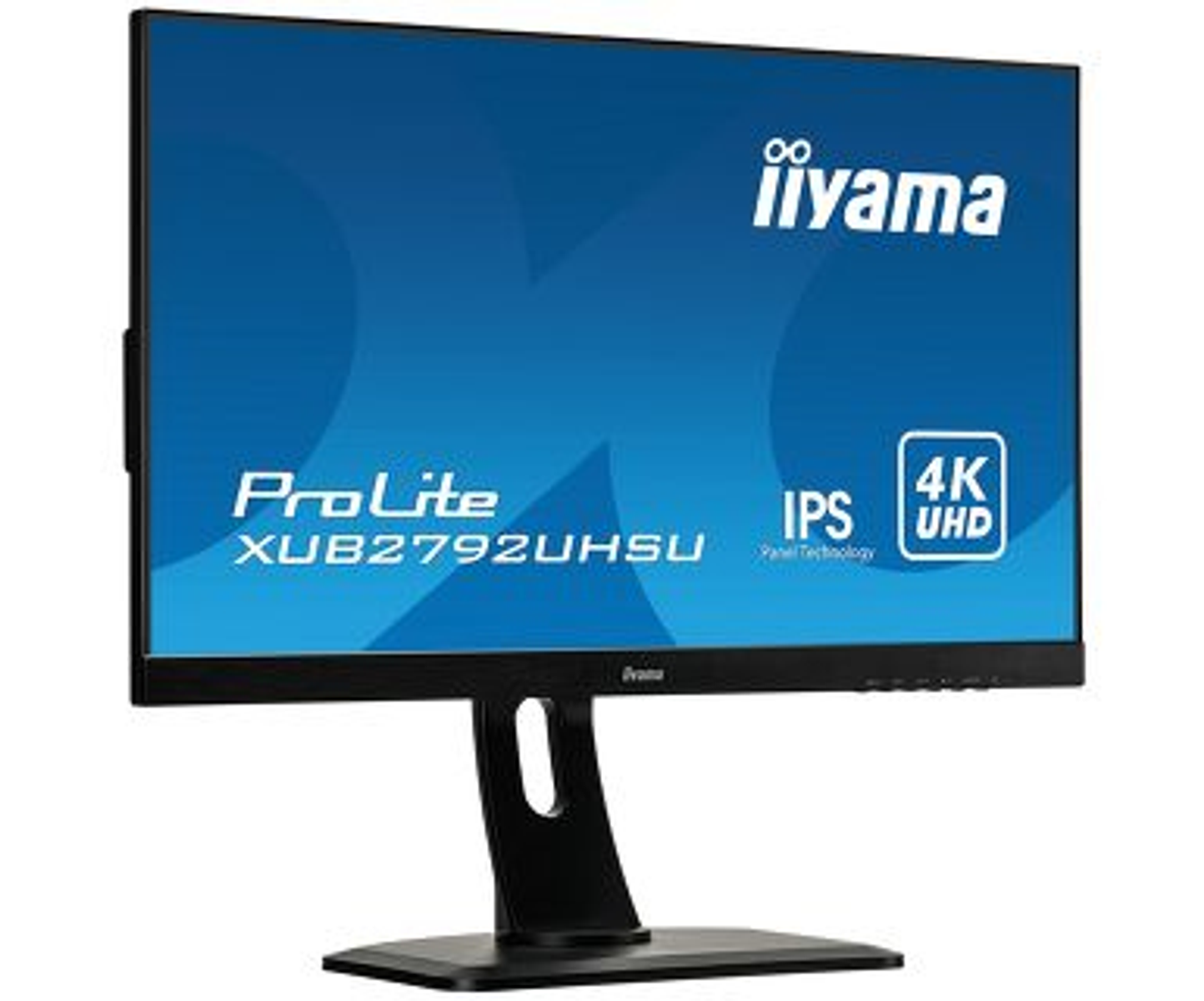 Ein Computermonitor mit schwarzem Ständer, der Text auf blauem Bildschirm anzeigt.