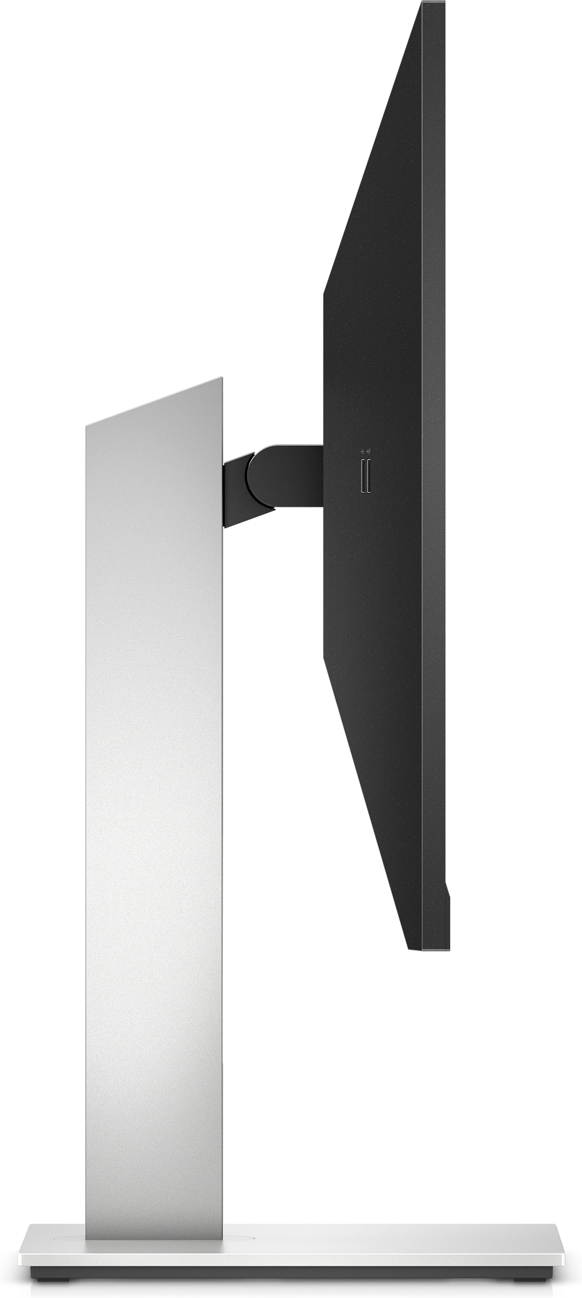 A side view of a computer monitor with silver stand and black screen.