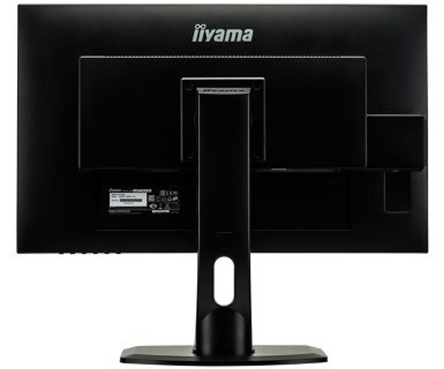 Die Rückseite eines iiyama-Monitors. Es hat einen schwarzen Rahmen und einen Ständer mit einer Mittelsäule.