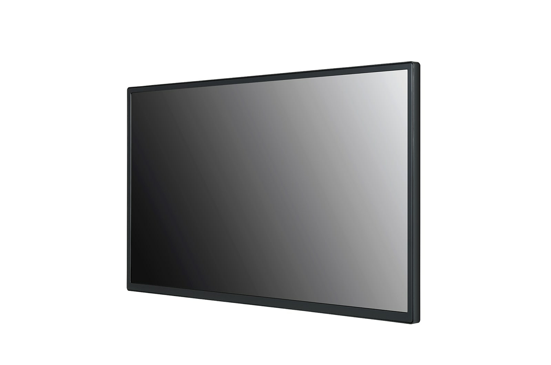 Un monitor de pantalla plana grande y oscuro con un bisel negro, ligeramente inclinado sobre un fondo blanco.