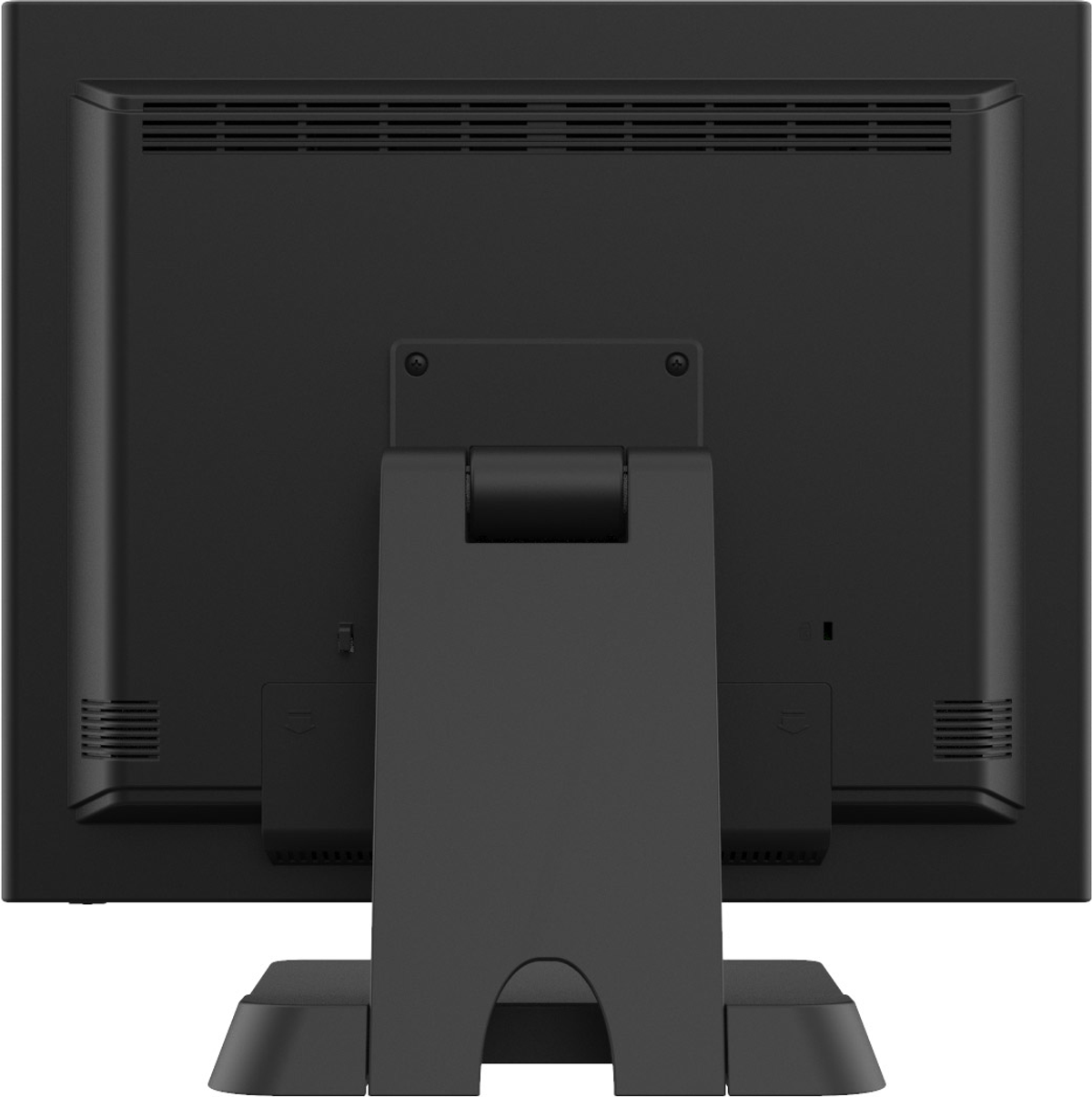 Rückseite eines schwarzen Monitors mit Ständer, auf grauem Hintergrund.