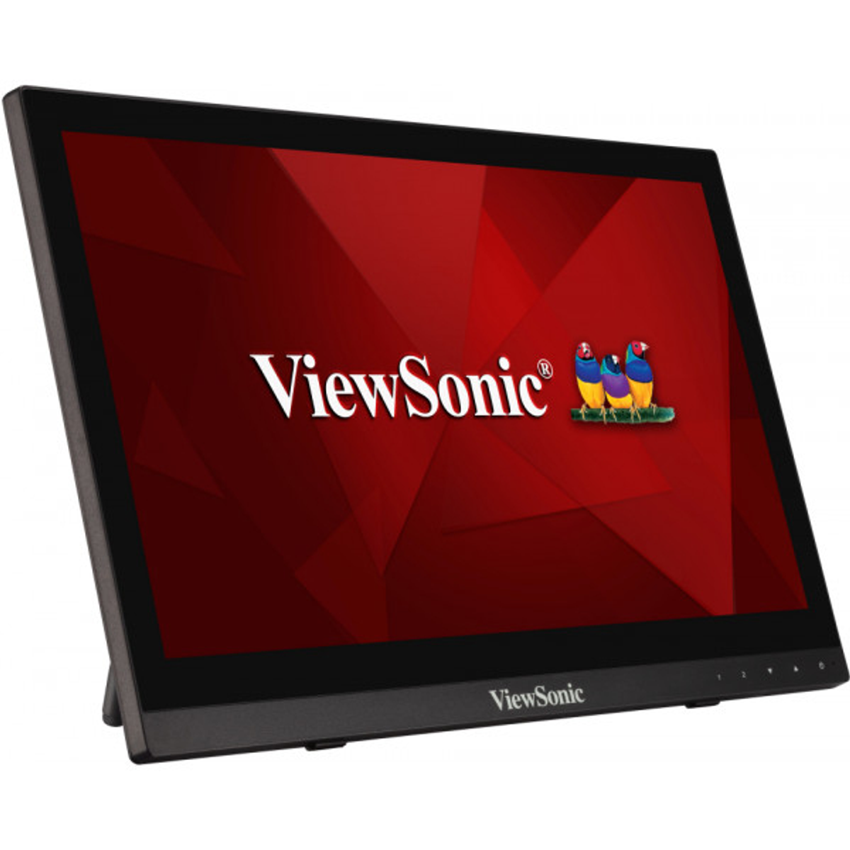 A black computer monitor with a red and white logo on its screen.
