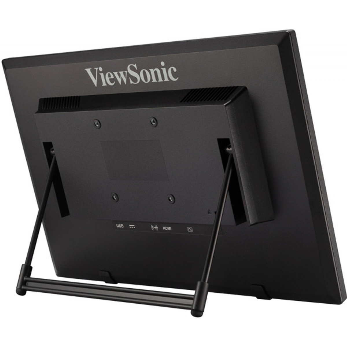 Black ViewSonic monitor's back view. It has USB, HDMI, and other port labels.