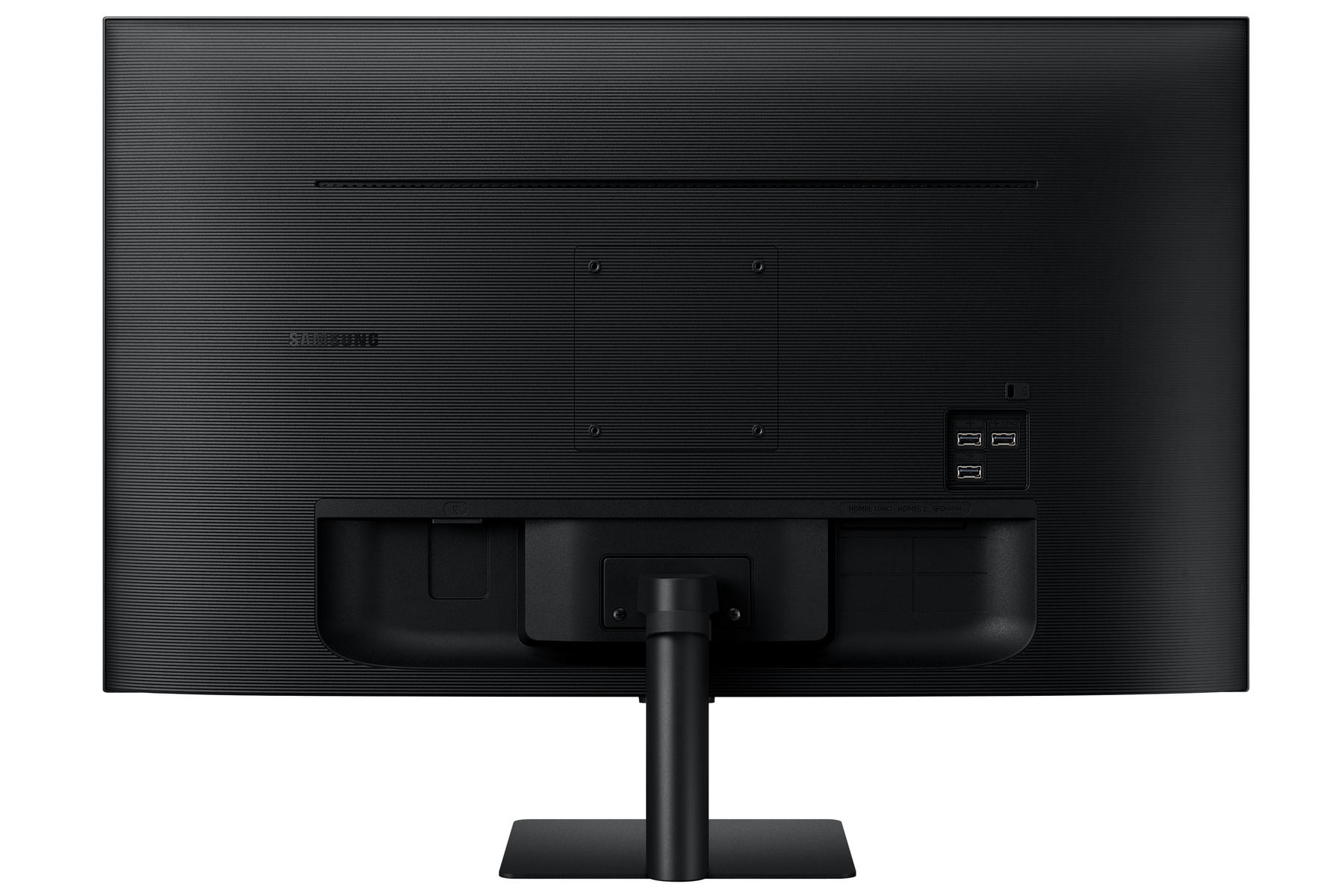 Il retro di un monitor nero con porte.