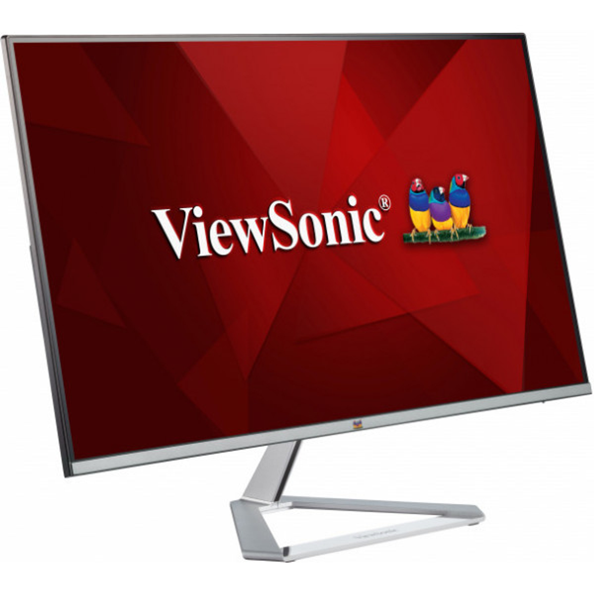 Monitor z logo ViewSonic i czerwonym tłem.
