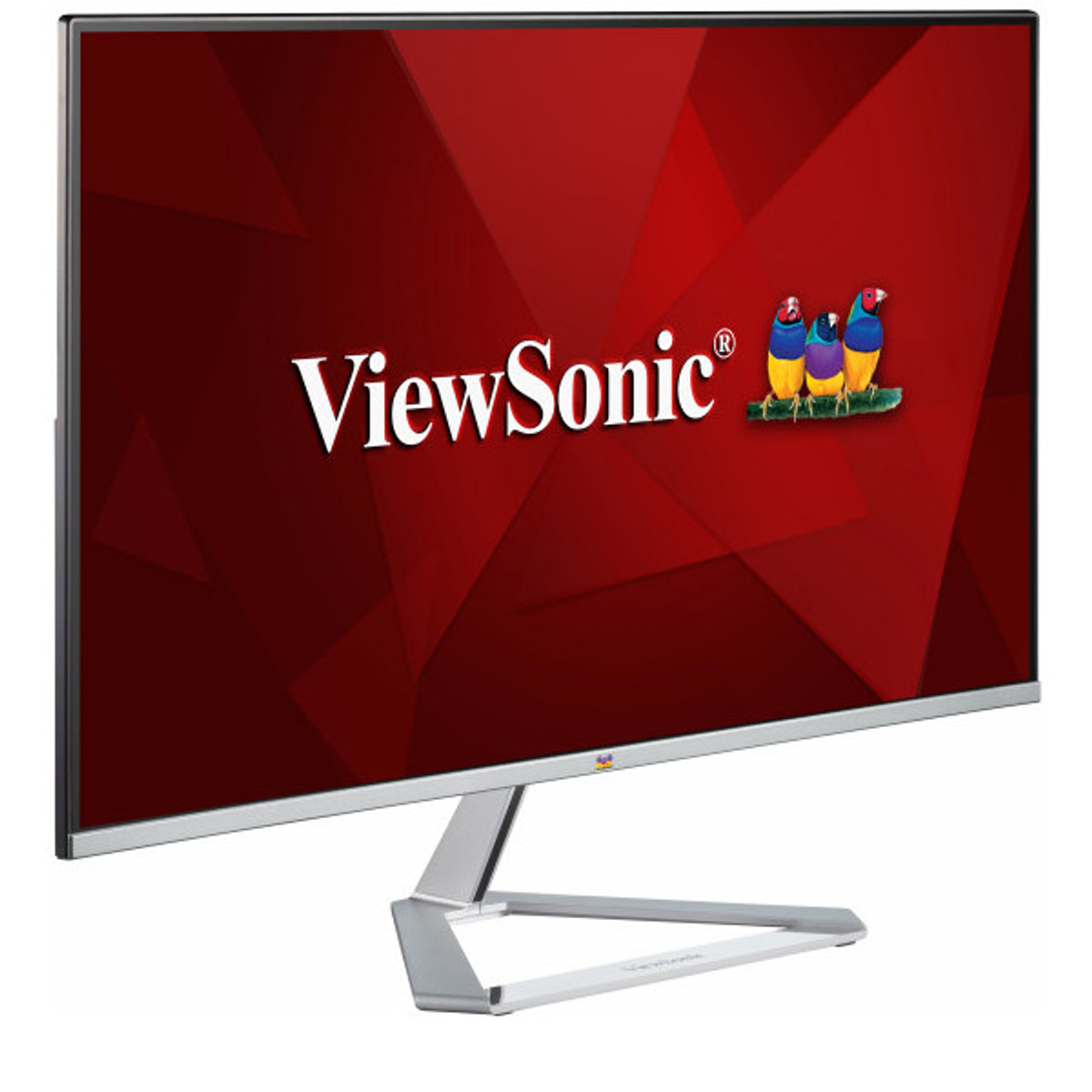 Monitor ViewSonic z czerwonym tłem, logo ViewSonic i ilustracjami trzech ptaków.