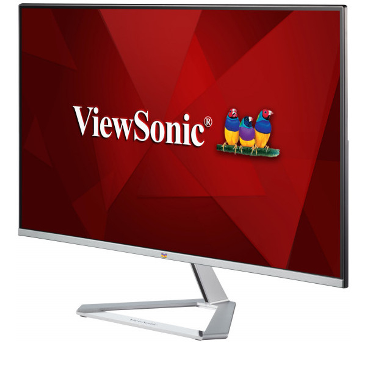 Monitor komputerowy z logo ViewSonic i kolorowymi ptakami na czerwonym tle.