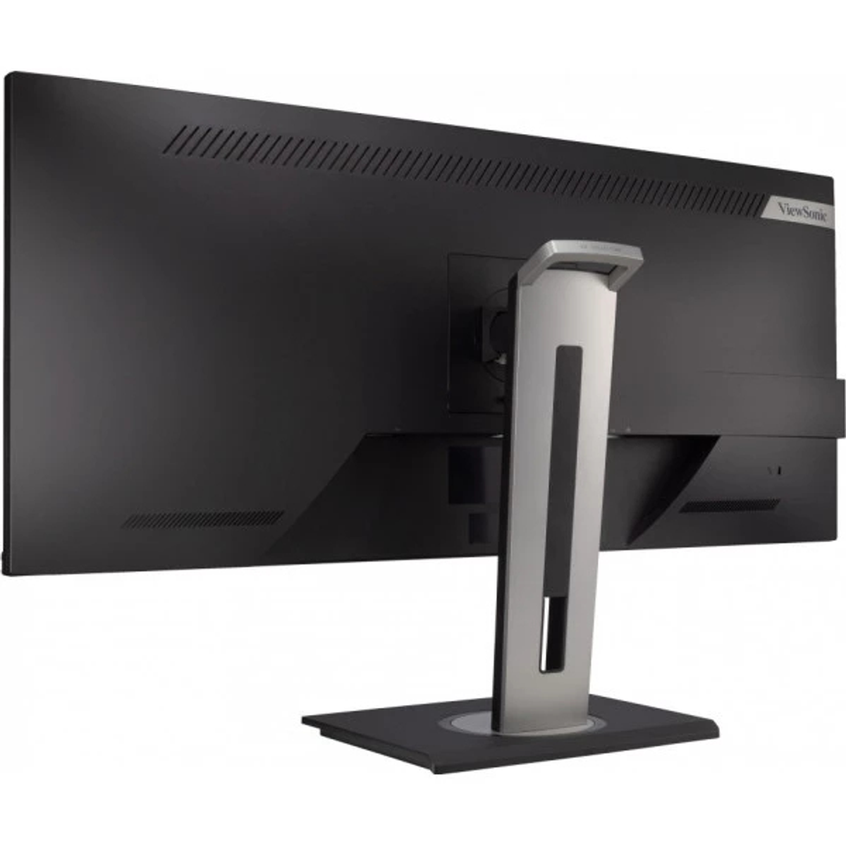 ViewSonic monitör arkası. Siyah, gümüş stand ve markalaşma. Açılı görünüm.