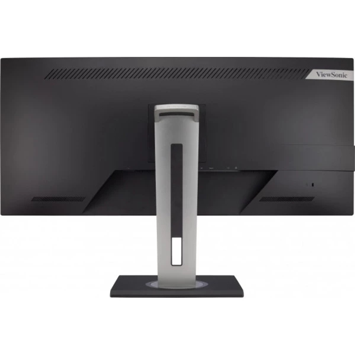 Beyaz bir arka plan üzerinde bir stand ve ViewSonic logosu bulunan siyah bir bilgisayar monitörünün arkası.