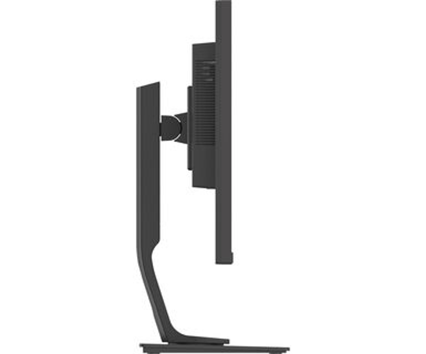 Monitor negro de lado, sobre un soporte negro.