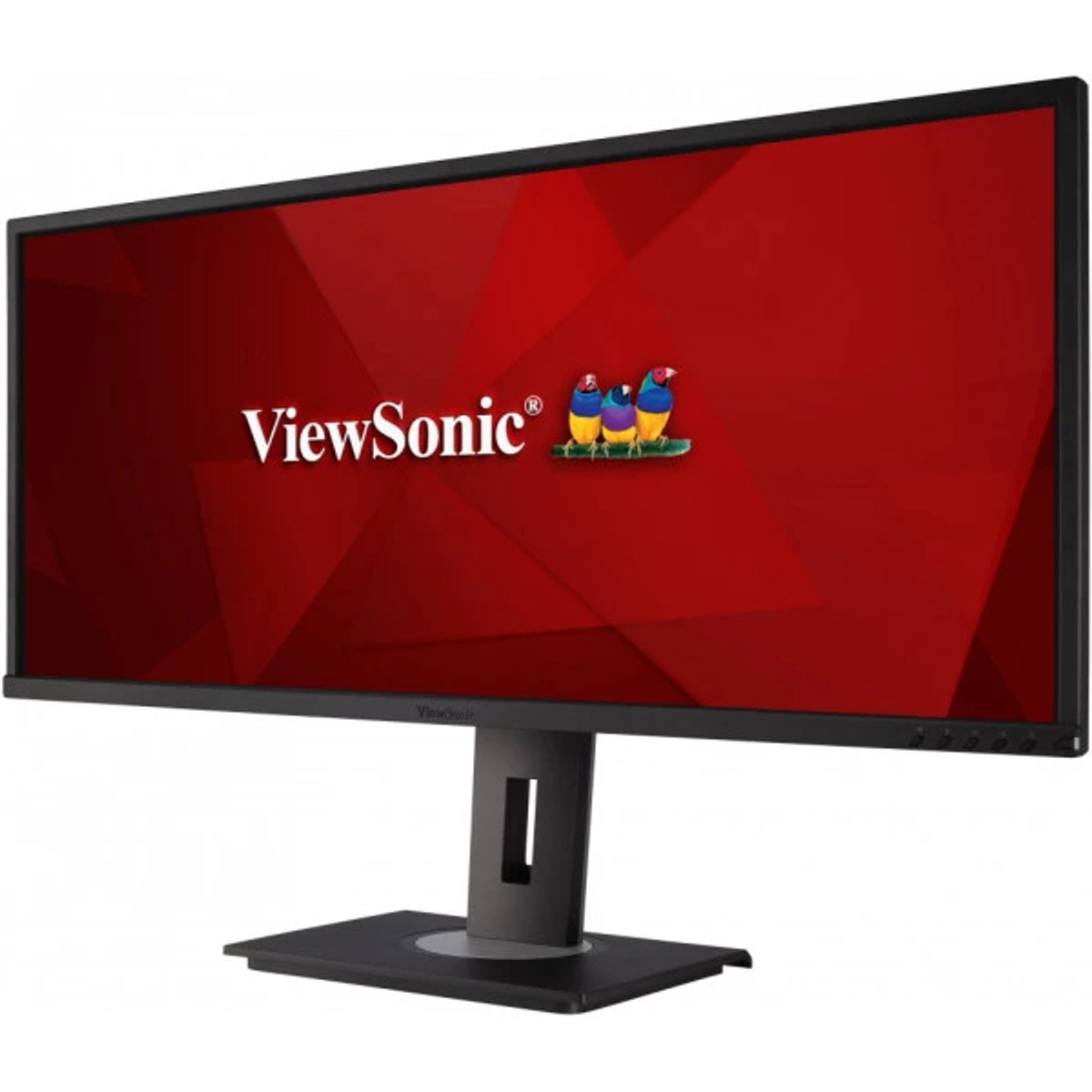 Bilgisayar monitörü, stilize bir tasarımla kırmızı bir arka plan üzerinde ViewSonic logosunu gösteriyor.