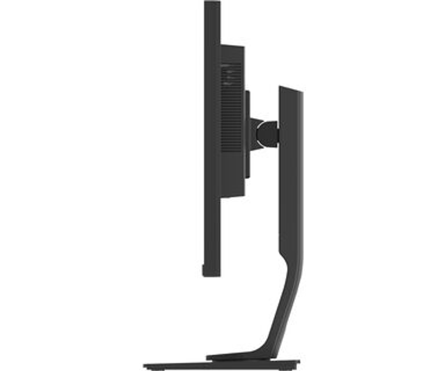 Perfil lateral de un monitor de computadora negro con soporte curvo, sobre un fondo blanco.
