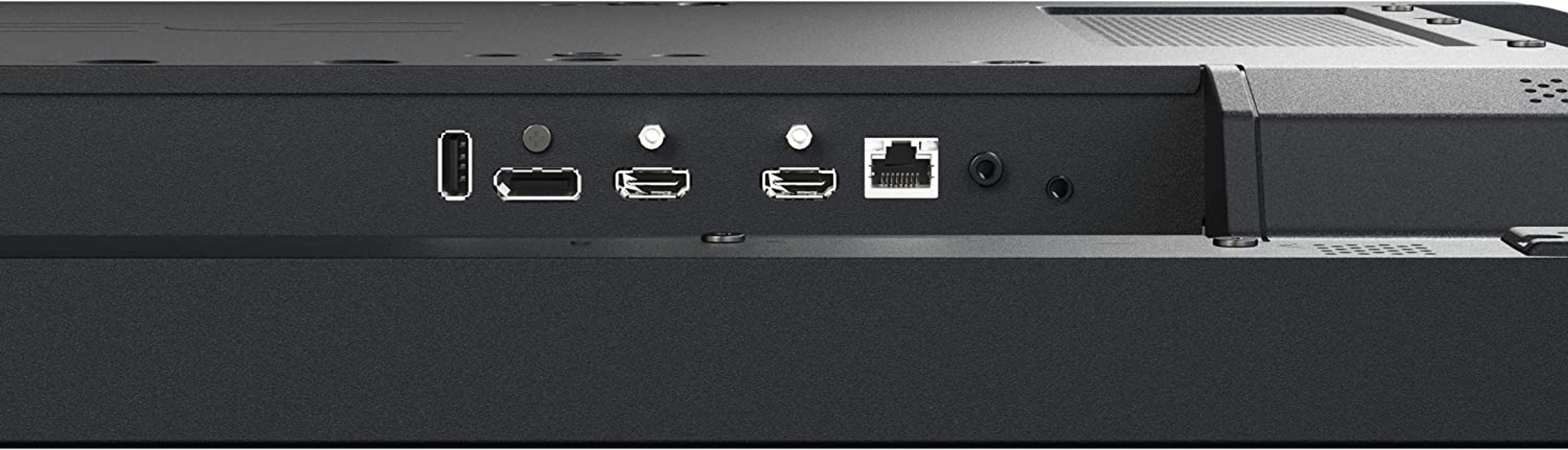 Primo piano del retro di un monitor che mostra varie porte di connessione.