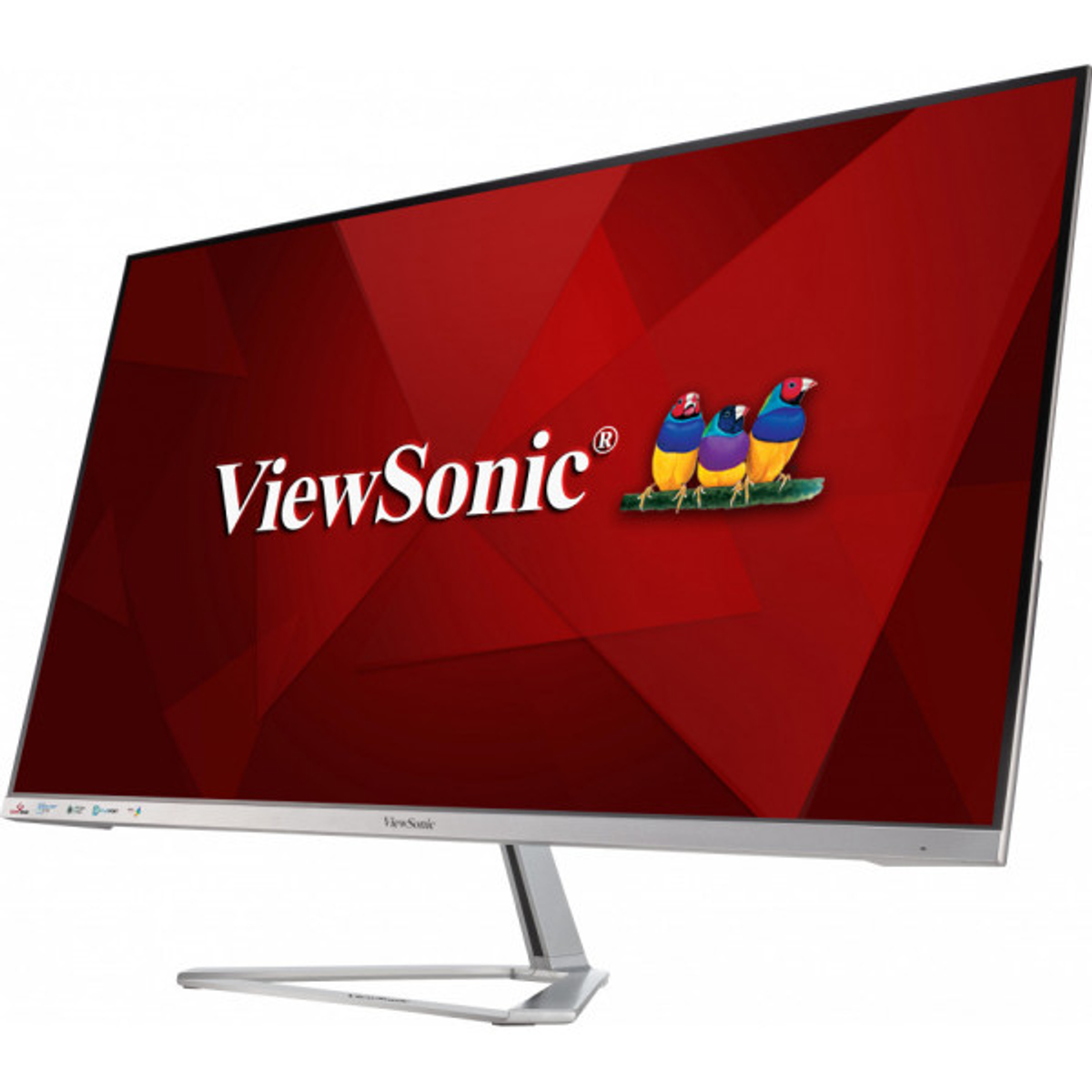 Monitor ViewSonic z czerwonym ekranem i trzema kolorowymi grafikami ptaków.