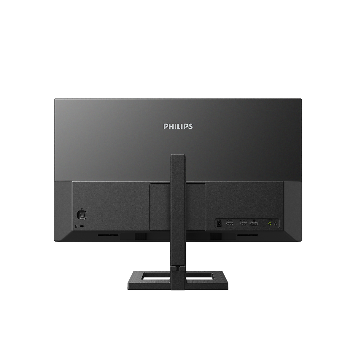 Tył czarnego monitora Philips. Posiada porty i centralną podstawę.