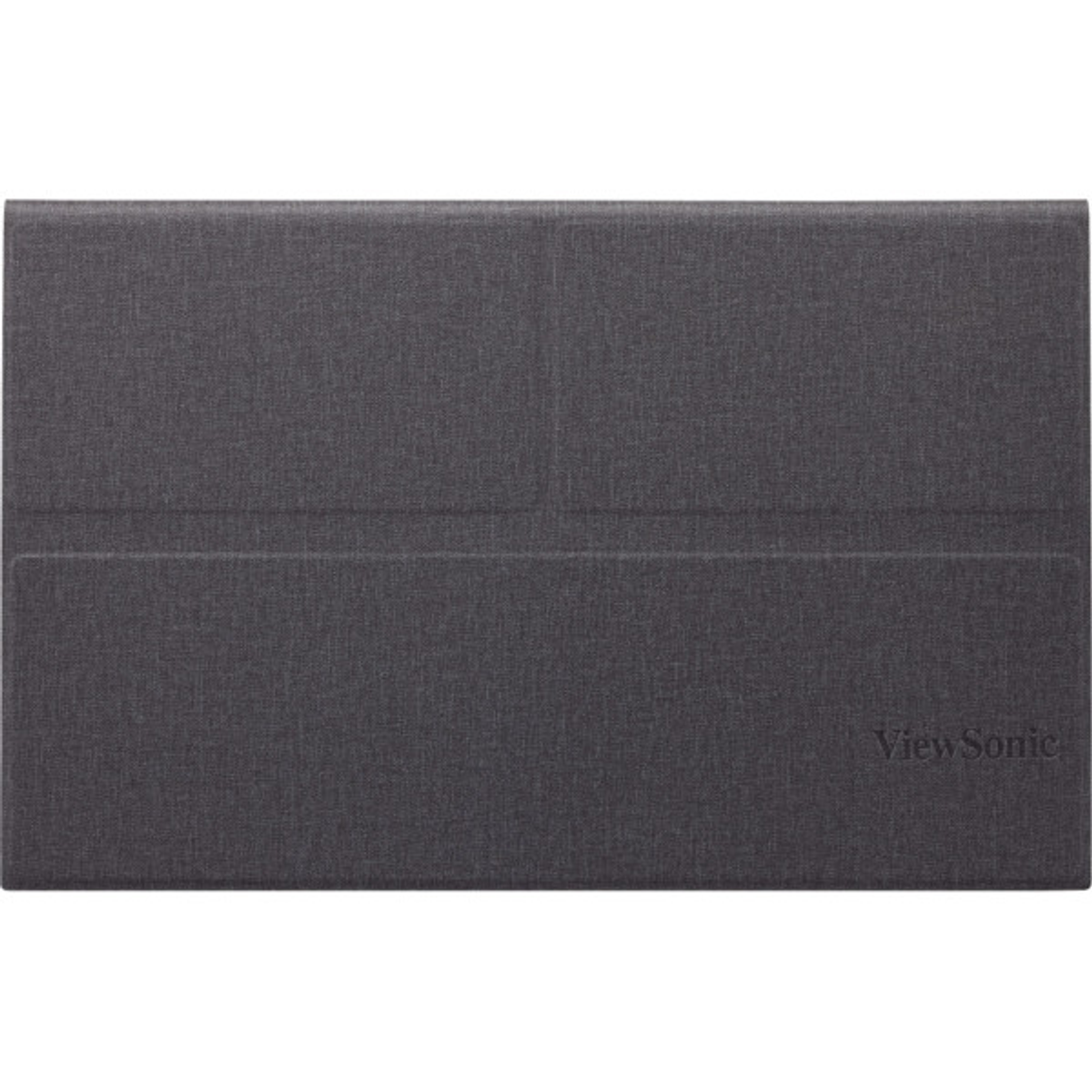 Un étui en tissu gris fermé avec un logo.
