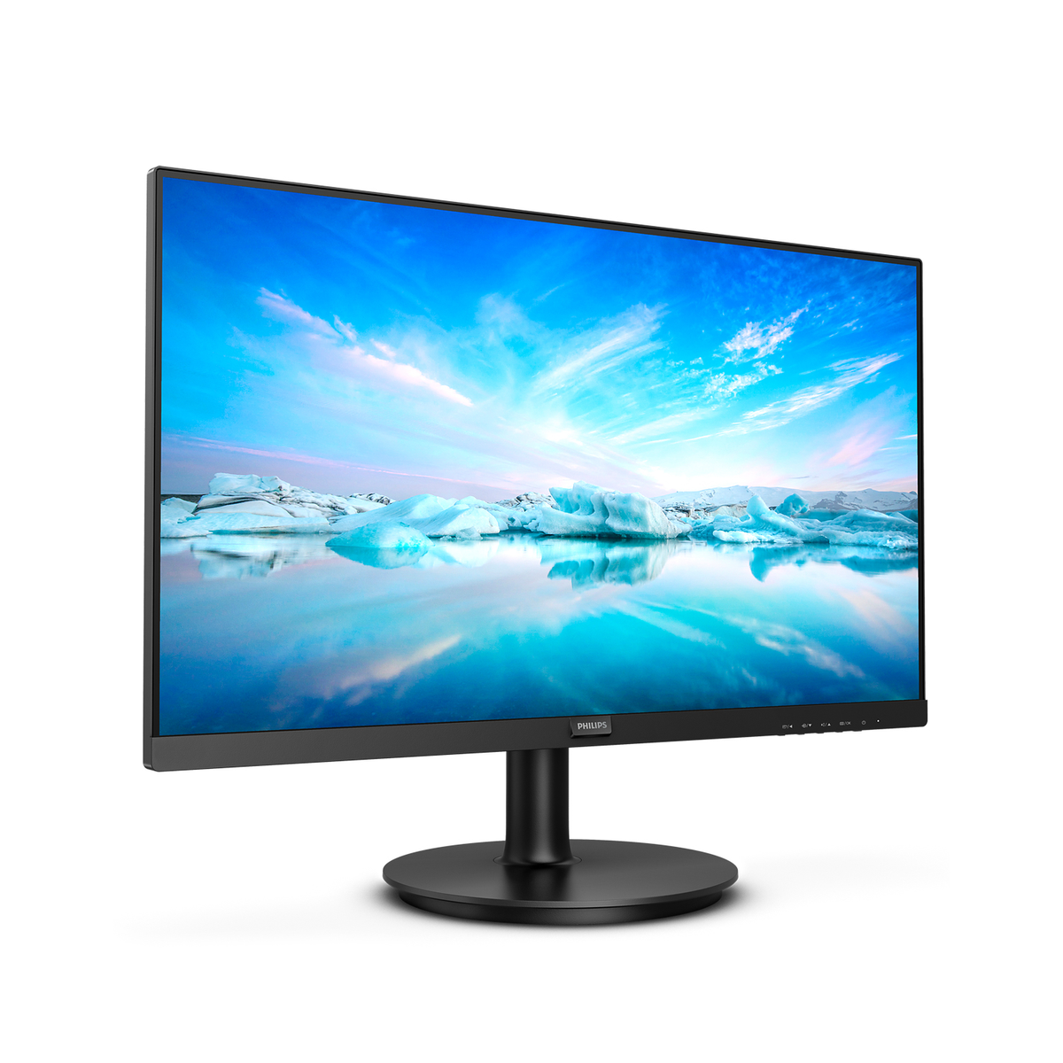 Un monitor per computer nero con uno schermo che mostra un paesaggio di iceberg e acqua.